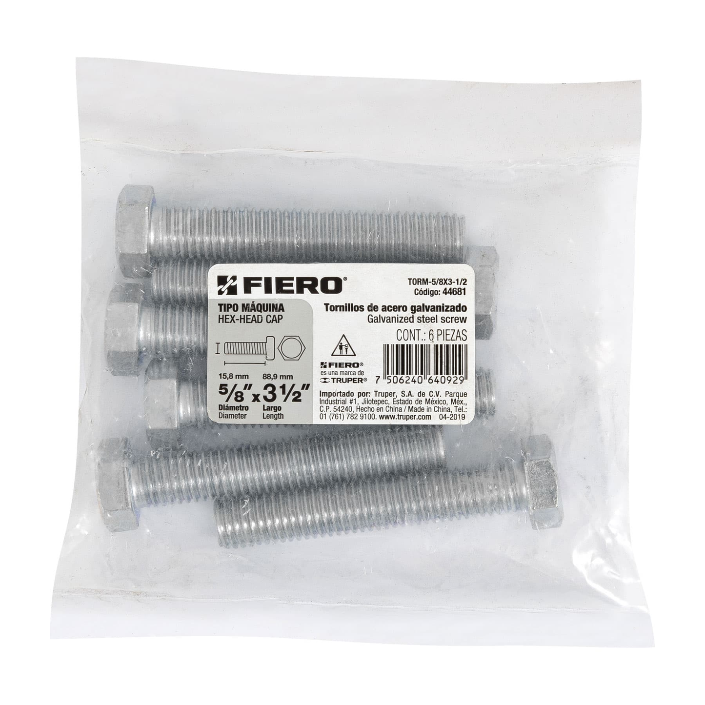 Tornillo acero galvanizado tipo máquina, 5/8X3-1/2", 6 pzas