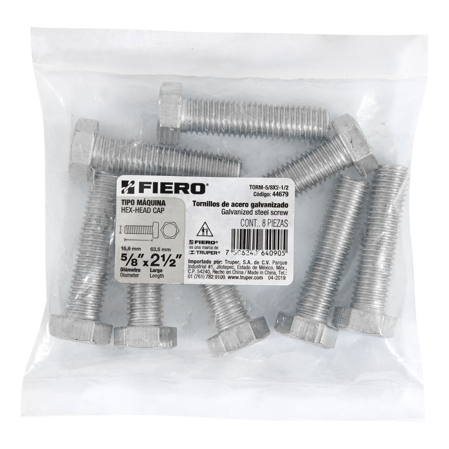 Tornillo acero galvanizado tipo máquina, 5/8X2-1/2", 8 pzas