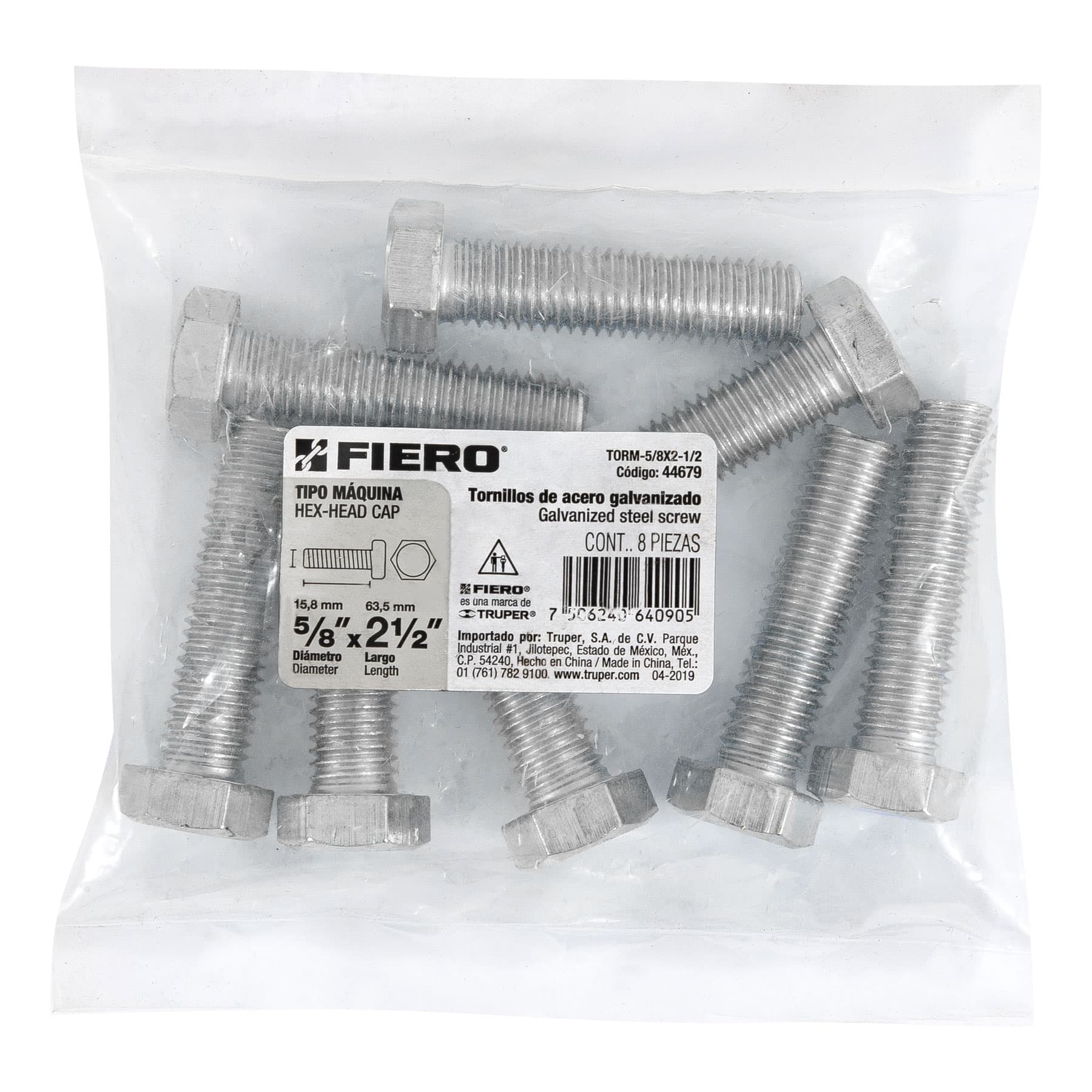 Tornillo acero galvanizado tipo máquina, 5/8X2-1/2", 8 pzas