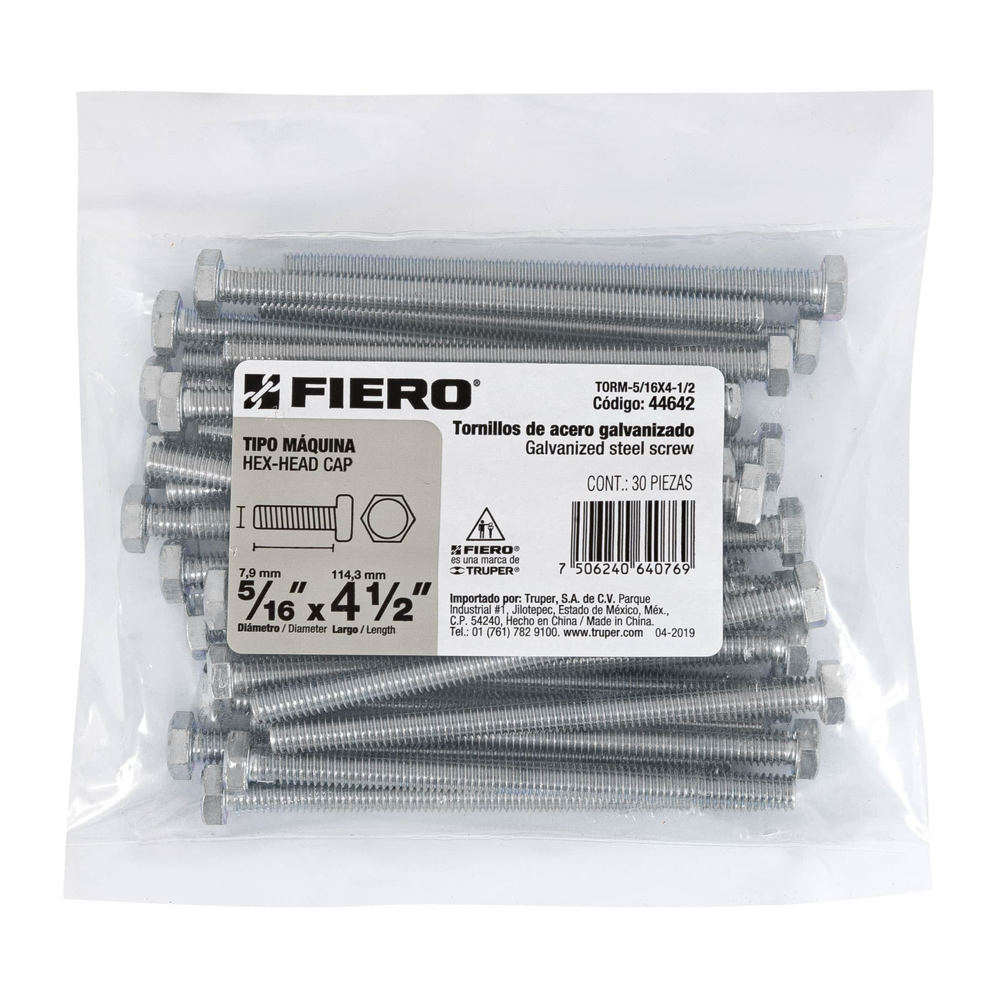 Tornillo acero galvanizado tipo máquina, 5/16X4-1/2", 30pzas
