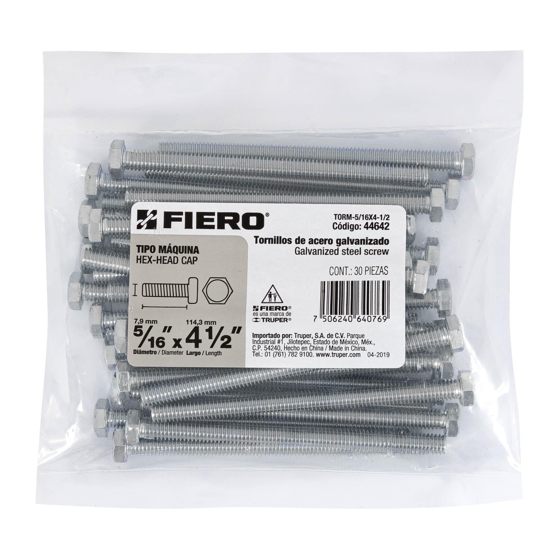 Tornillo acero galvanizado tipo máquina, 5/16X4-1/2", 30pzas
