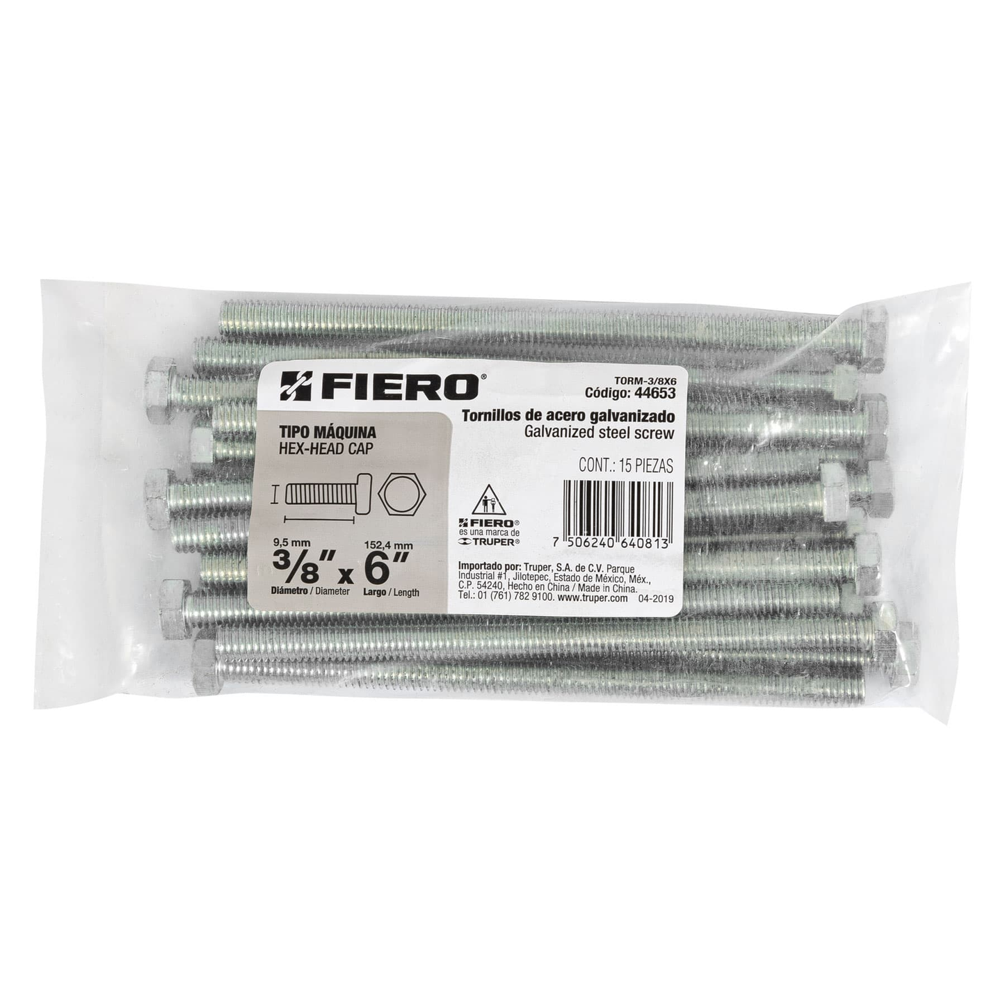Tornillo acero galvanizado tipo máquina, 3/8X6", 15 pzas