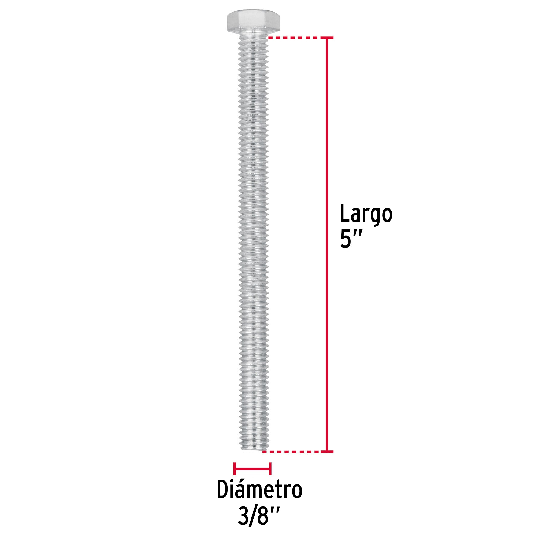 Tornillo acero galvanizado tipo máquina, 3/8X5", 15 pzas