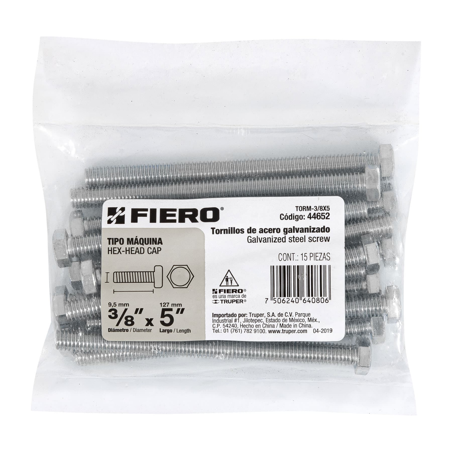 Tornillo acero galvanizado tipo máquina, 3/8X5", 15 pzas