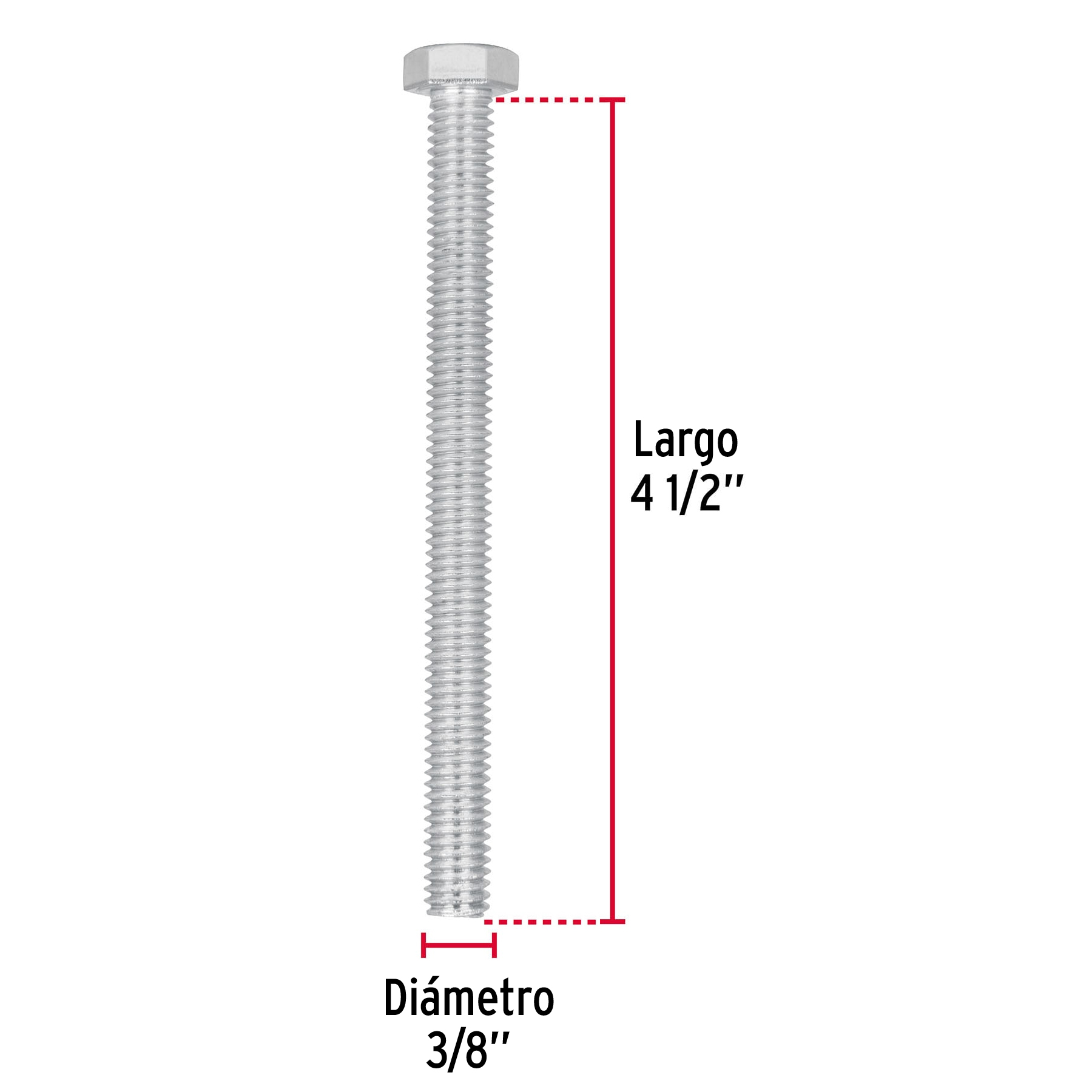 Tornillo acero galvanizado tipo máquina, 3/8X4-1/2", 15 pzas