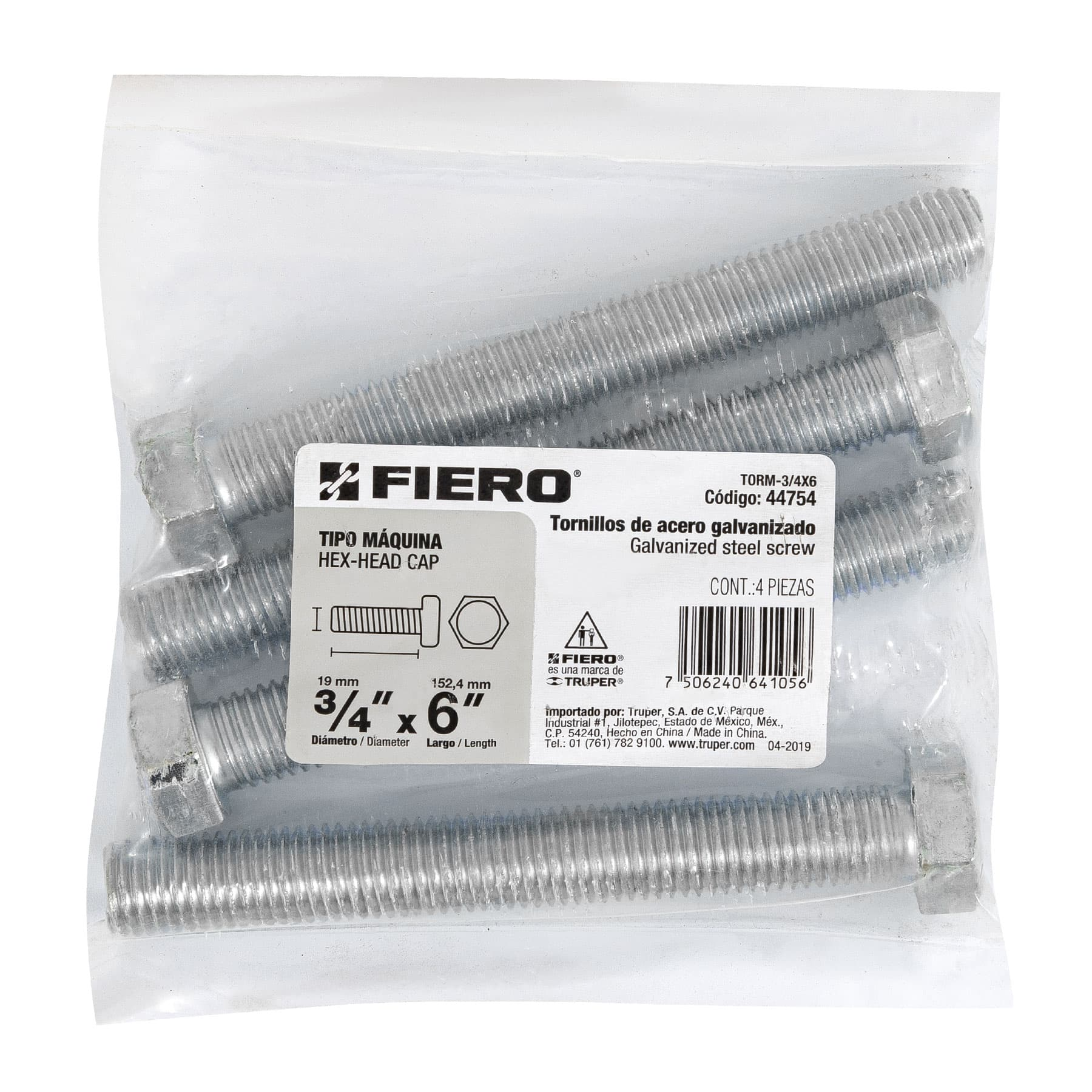 Tornillo acero galvanizado tipo máquina, 3/4X6", 4 pzas