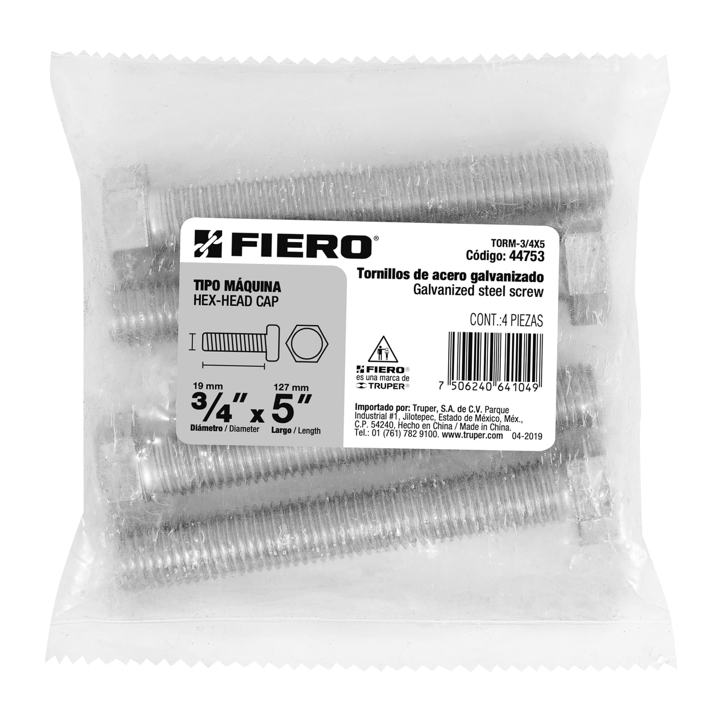 Tornillo acero galvanizado tipo máquina, 3/4X5", 4 pzas