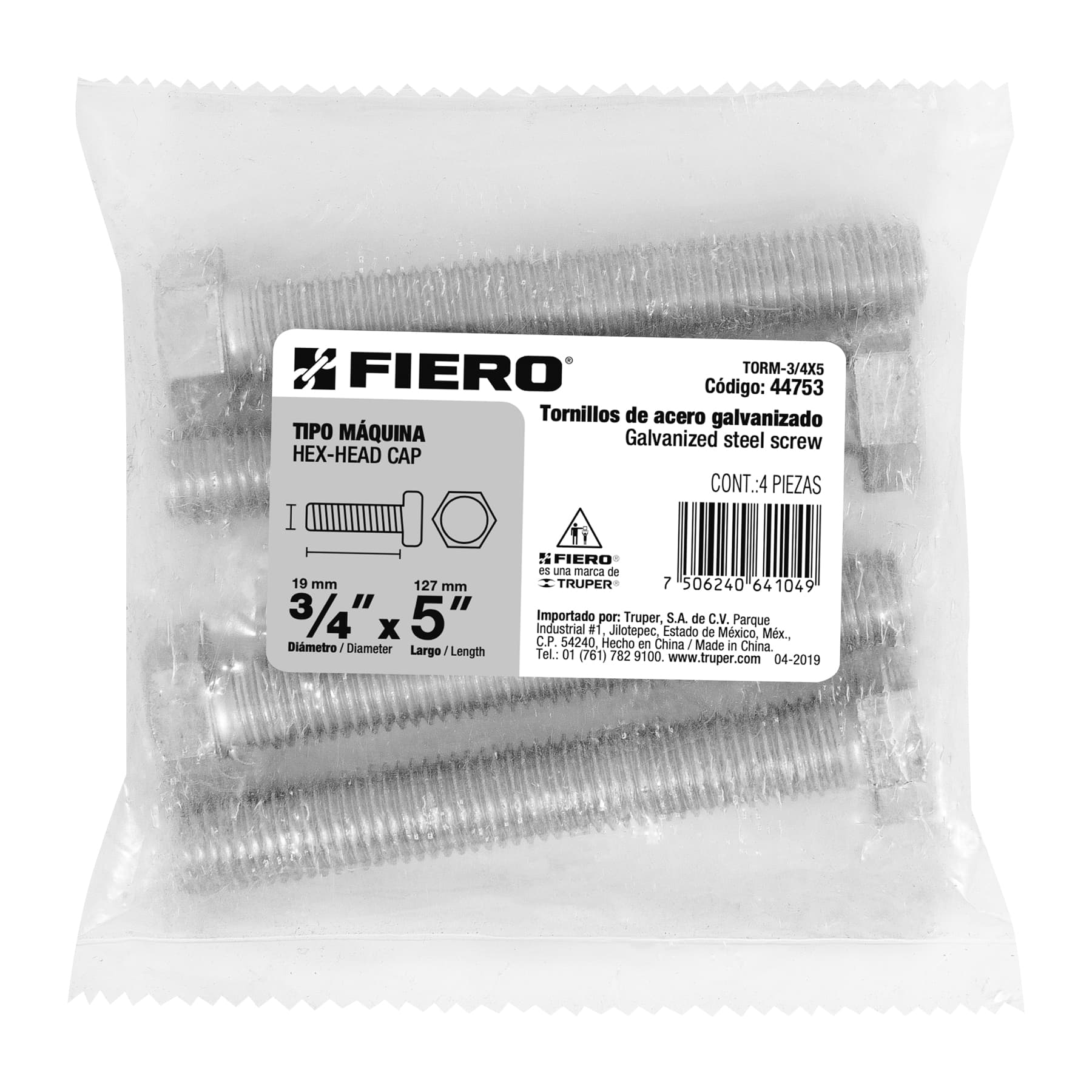 Tornillo acero galvanizado tipo máquina, 3/4X5", 4 pzas