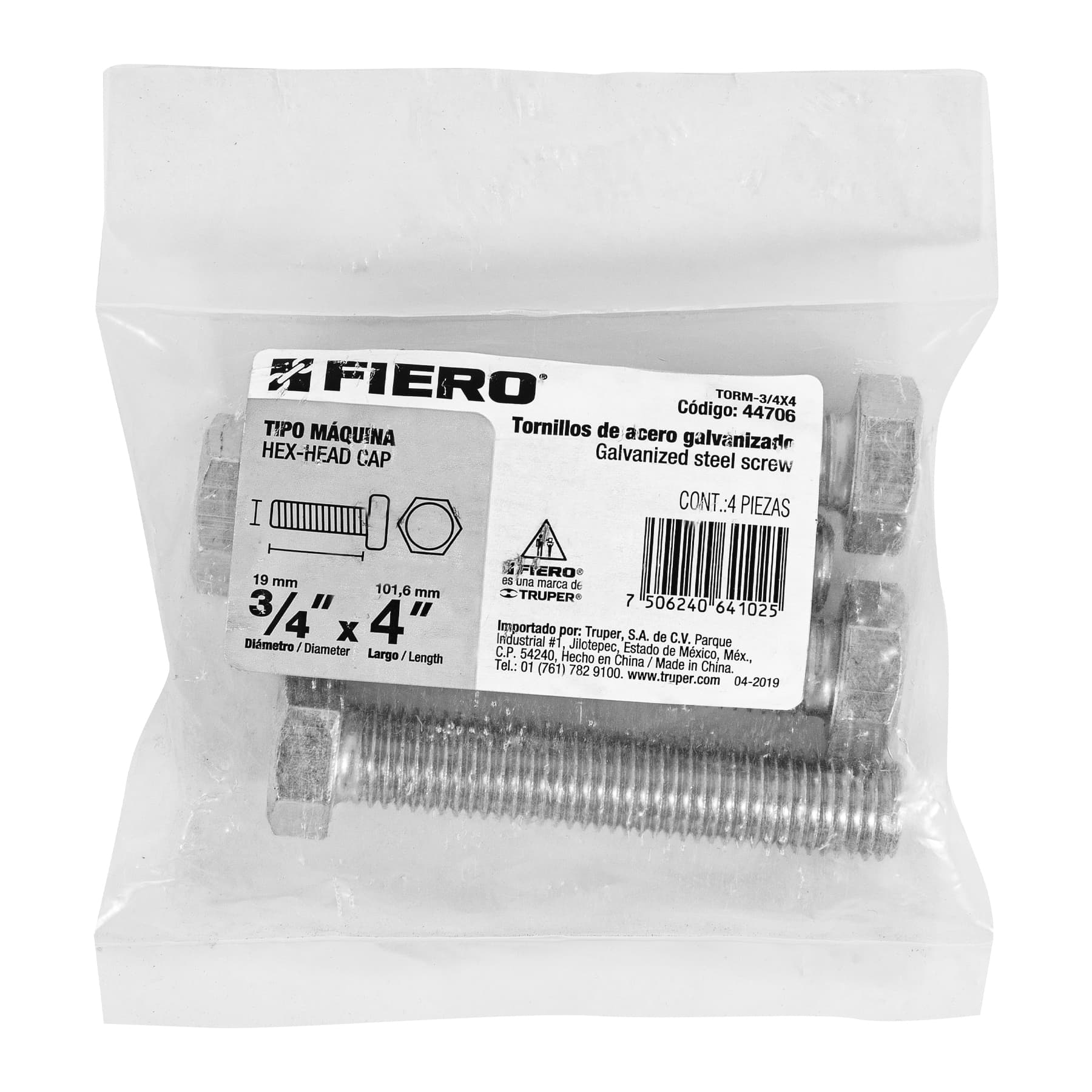 Tornillo acero galvanizado tipo máquina, 3/4X4", 4 pzas