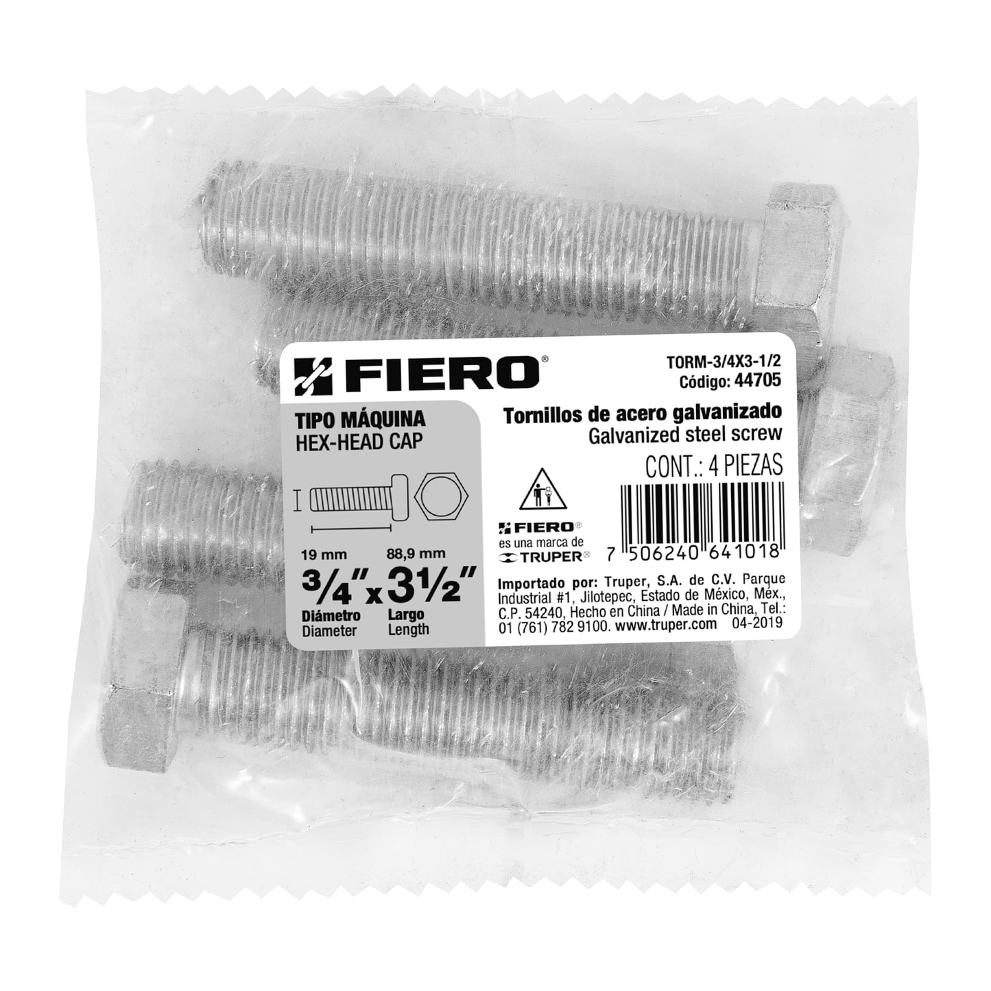 Tornillo acero galvanizado tipo máquina, 3/4X3-1/2", 4 pzas