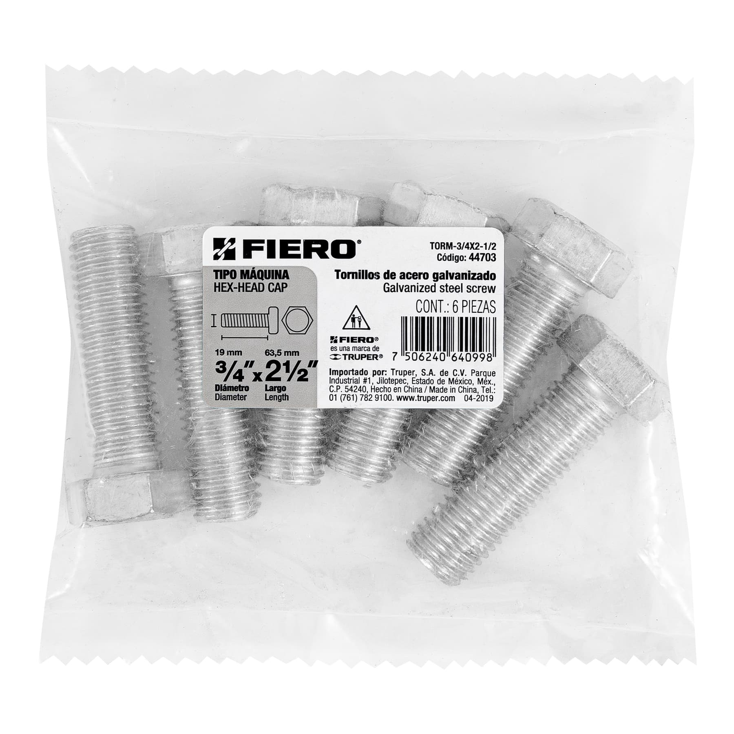 Tornillo acero galvanizado tipo máquina, 3/4X2-1/2", 6 pzas