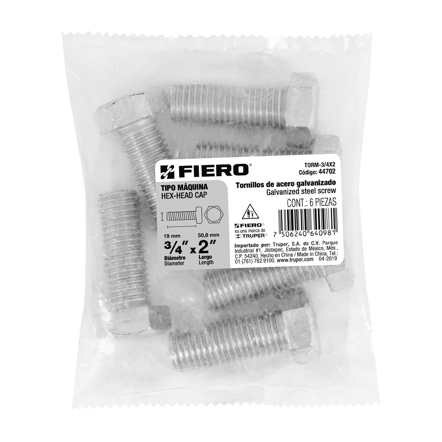 Tornillo acero galvanizado tipo máquina, 3/4X2", 6 pzas