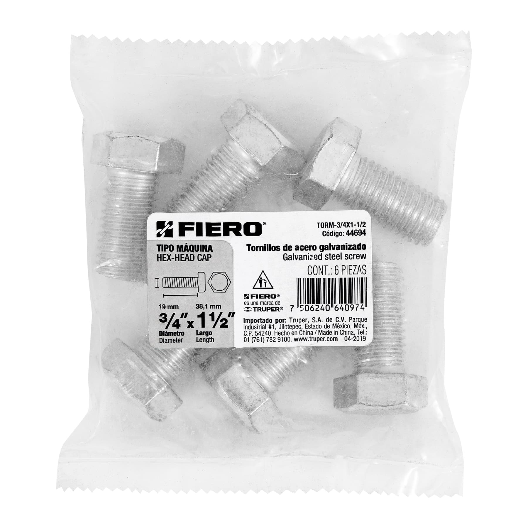Tornillo acero galvanizado tipo máquina, 3/4X1-1/2", 6 pzas