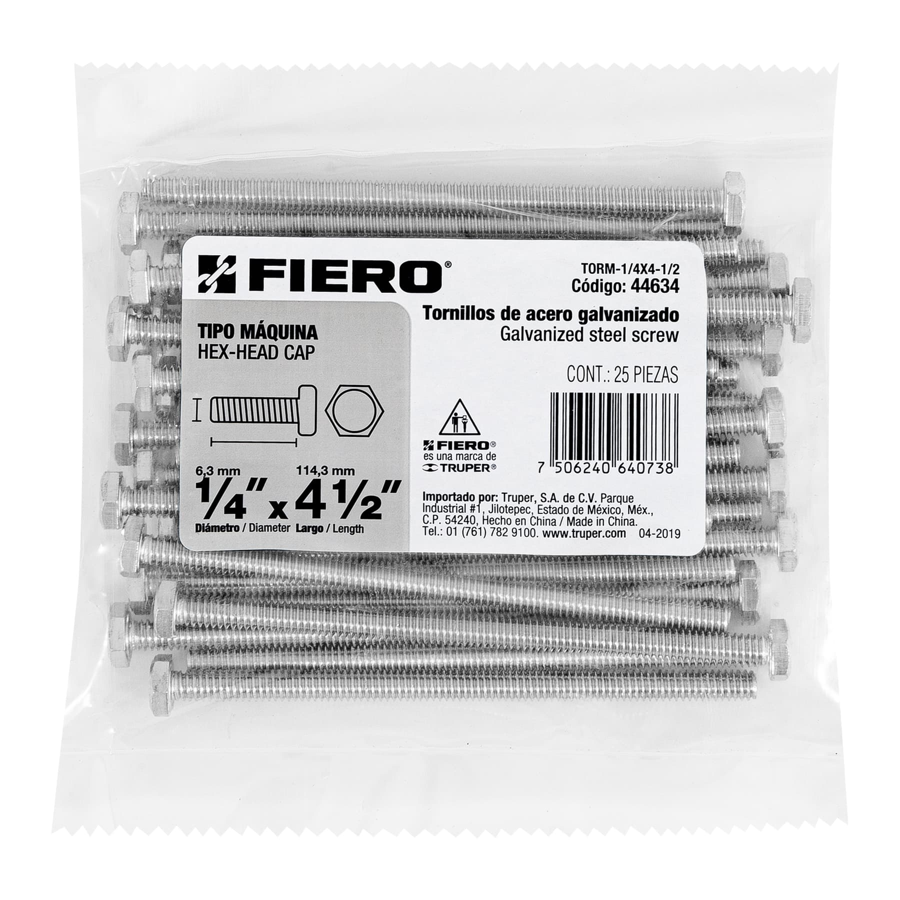 Tornillo acero galvanizado tipo máquina, 1/4X4-1/2", 25pzas