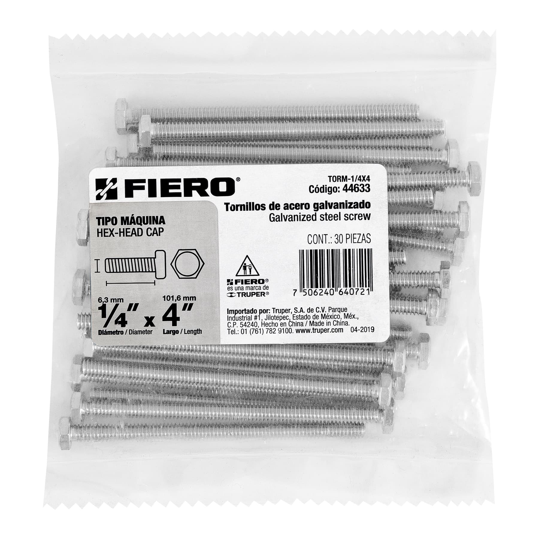 Tornillo acero galvanizado tipo máquina, 1/4X4", 30 pzas