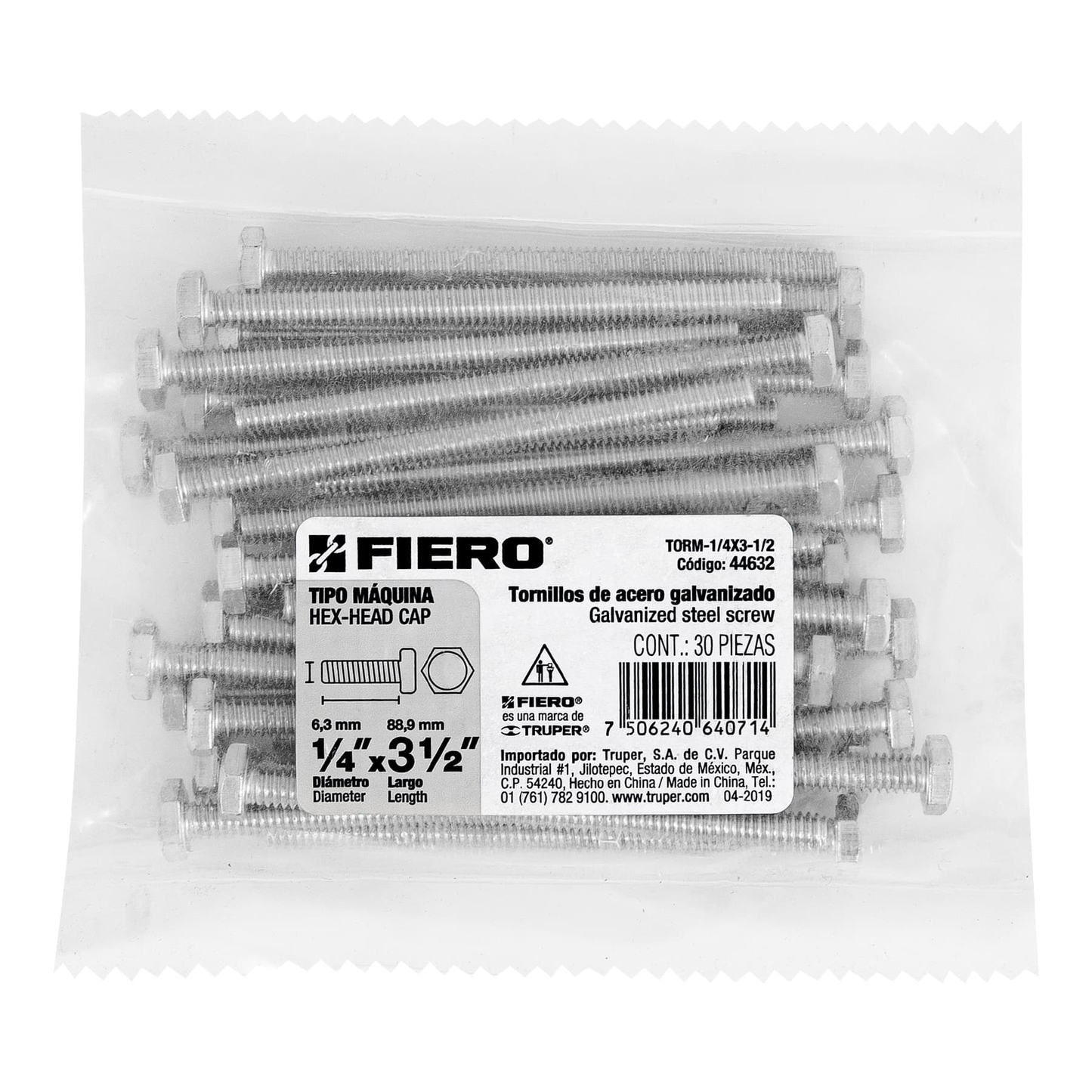 Tornillo acero galvanizado tipo máquina, 1/4X3-1/2", 30pzas