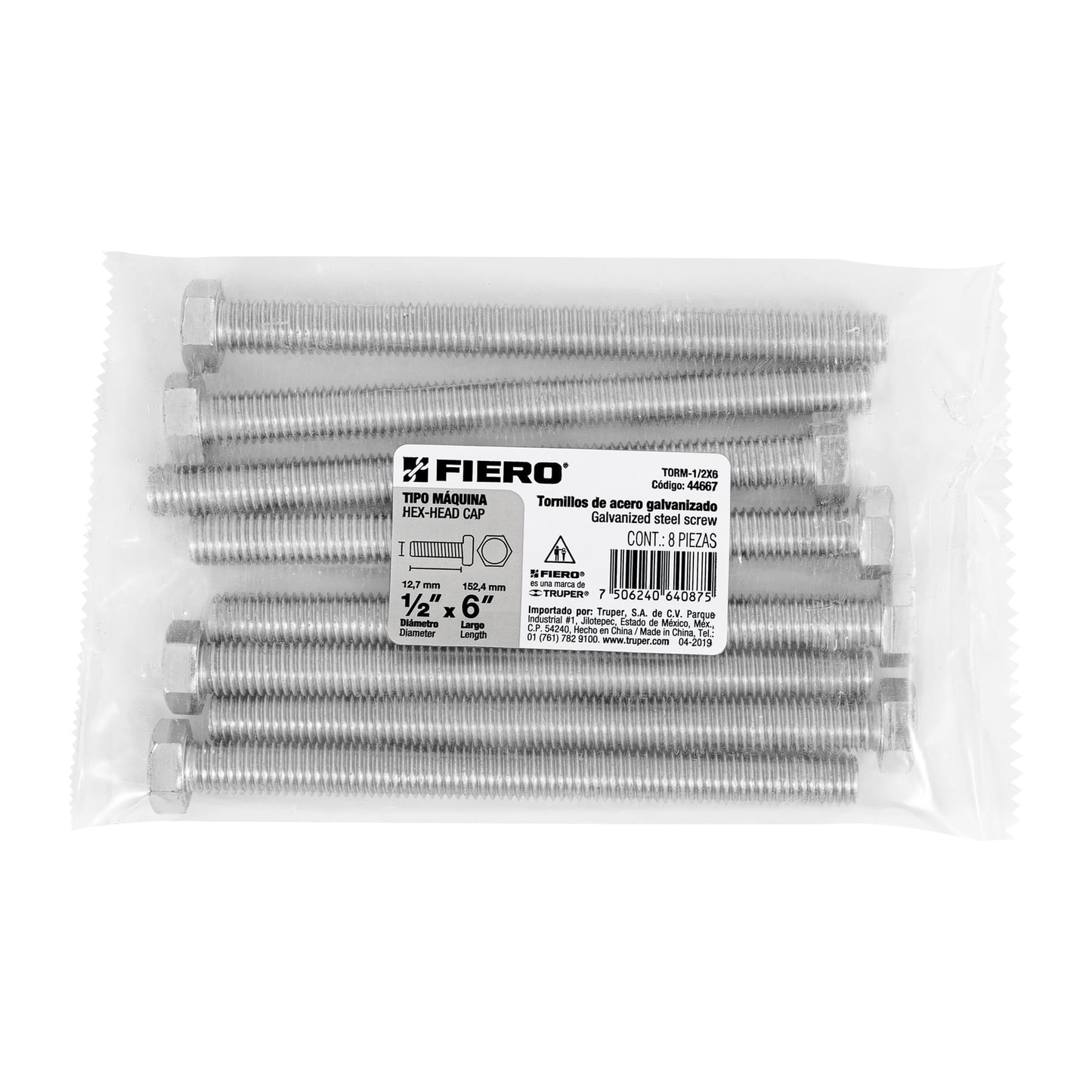 Tornillo acero galvanizado tipo máquina, 1/2X6", 8 pzas