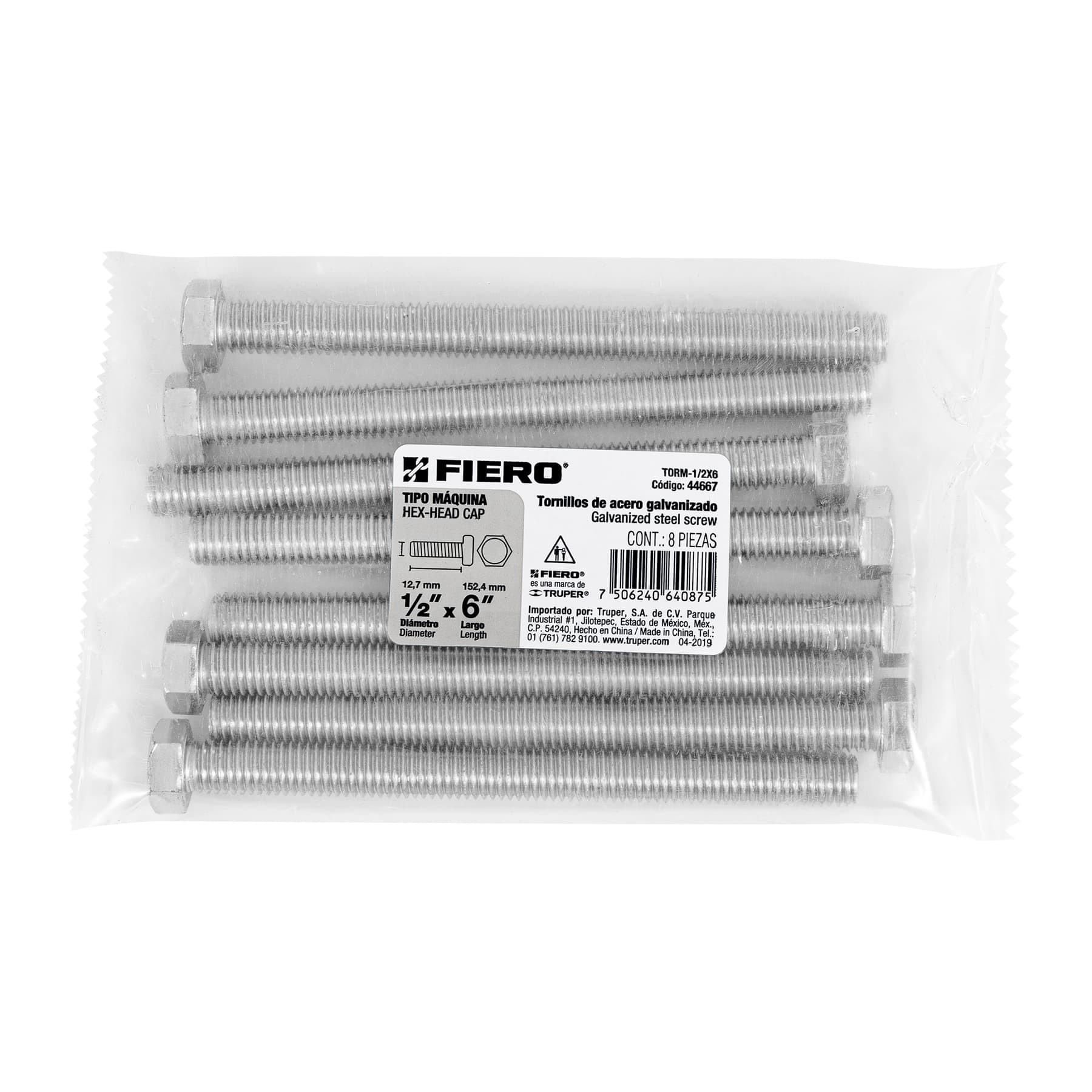 Tornillo acero galvanizado tipo máquina, 1/2X6", 8 pzas