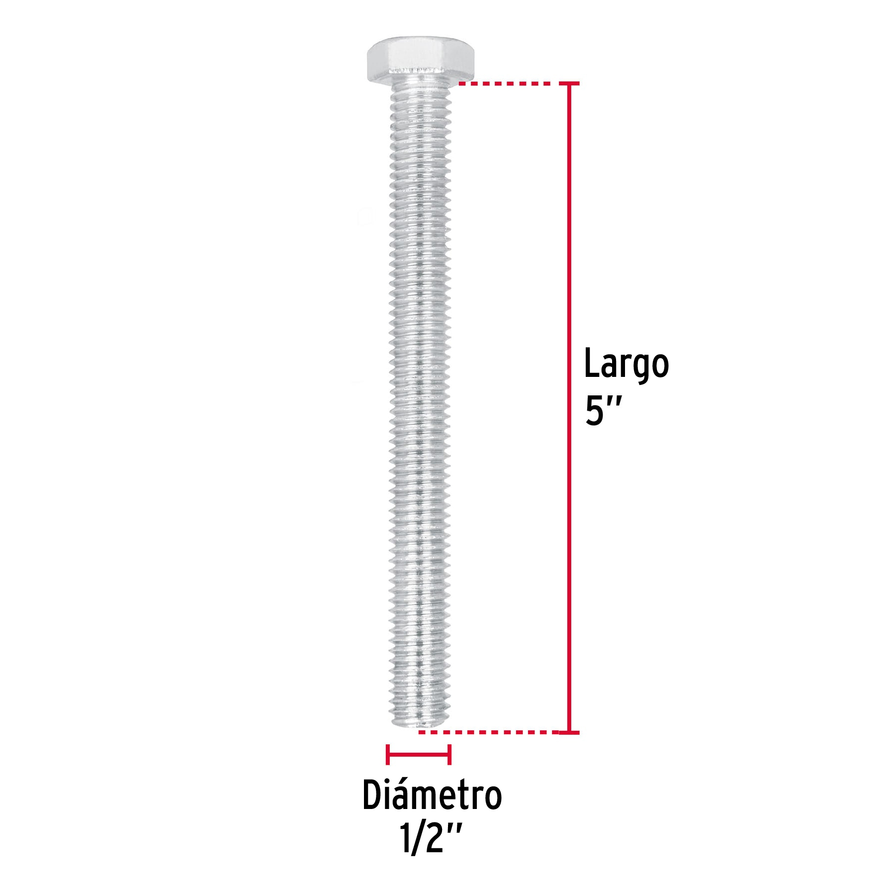 Tornillo acero galvanizado tipo máquina, 1/2X5", 10 pzas