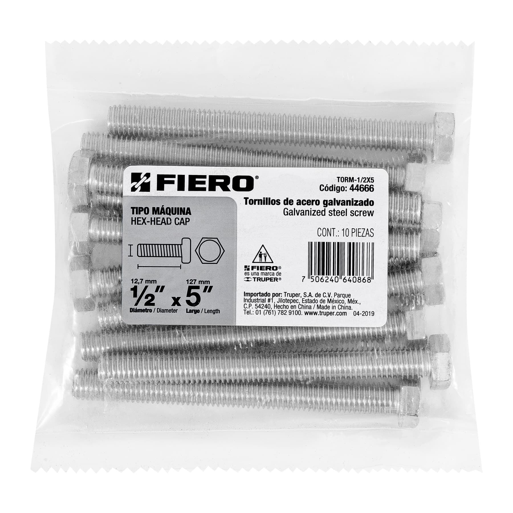 Tornillo acero galvanizado tipo máquina, 1/2X5", 10 pzas