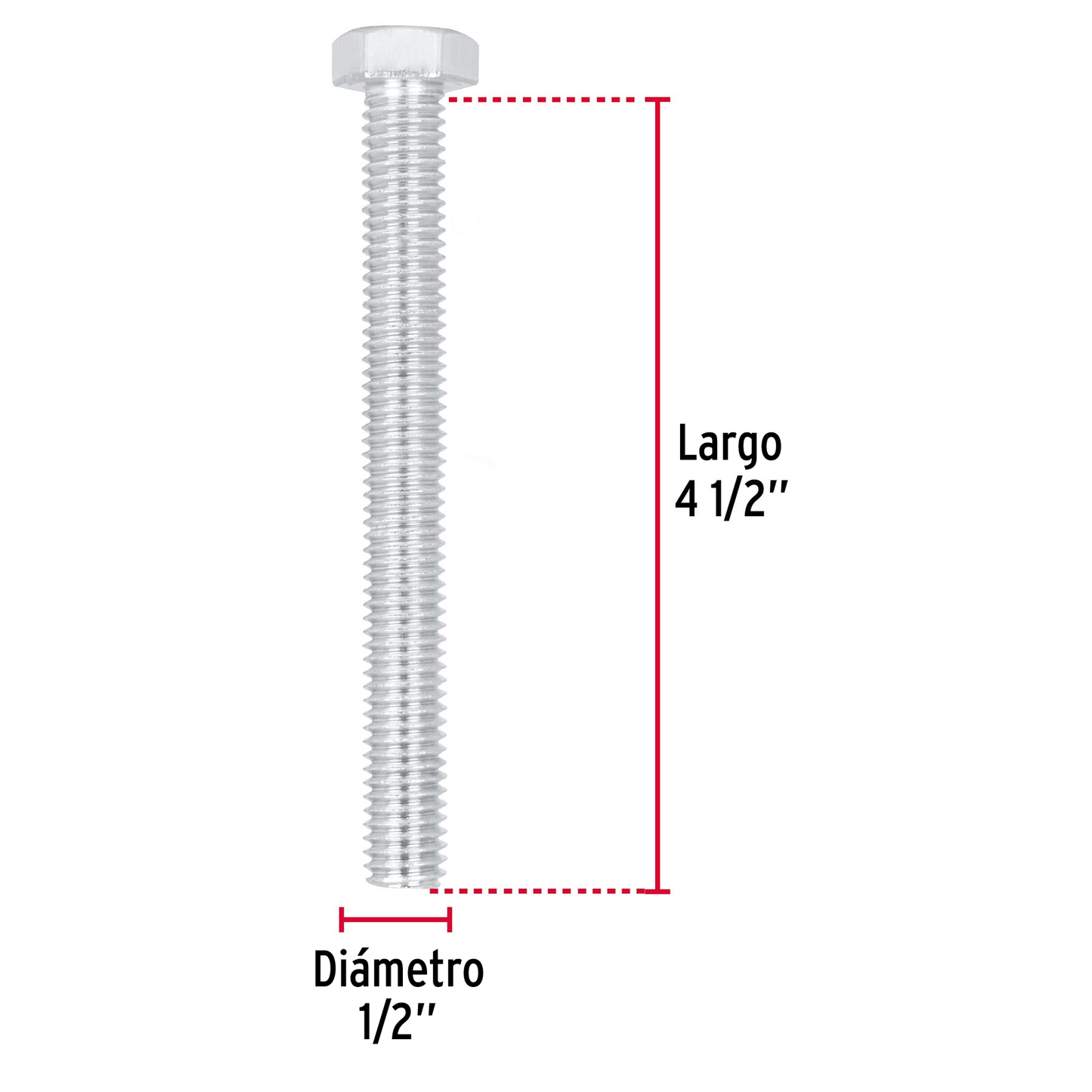 Tornillo acero galvanizado tipo máquina, 1/2X4-1/2", 10 pzas