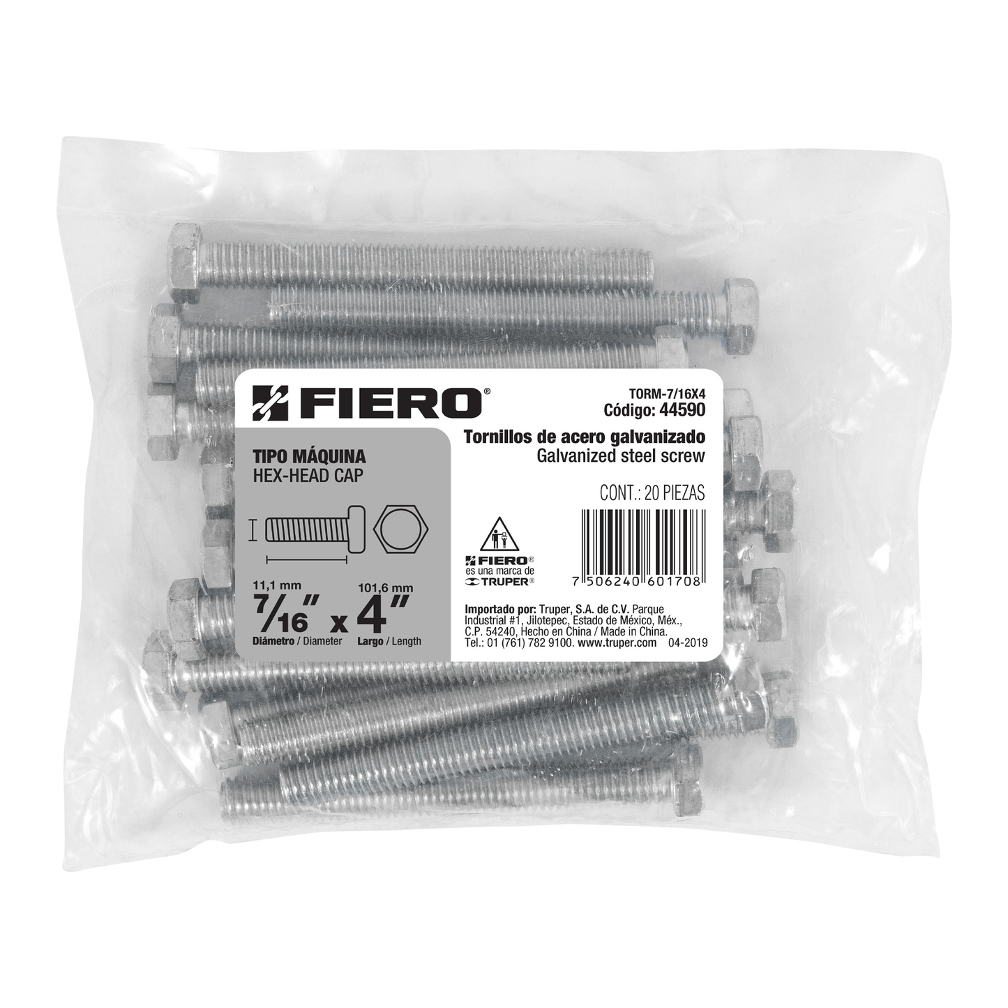 Tornillo acero galvanizado tipo máquina 7/16x4", 20 pzas