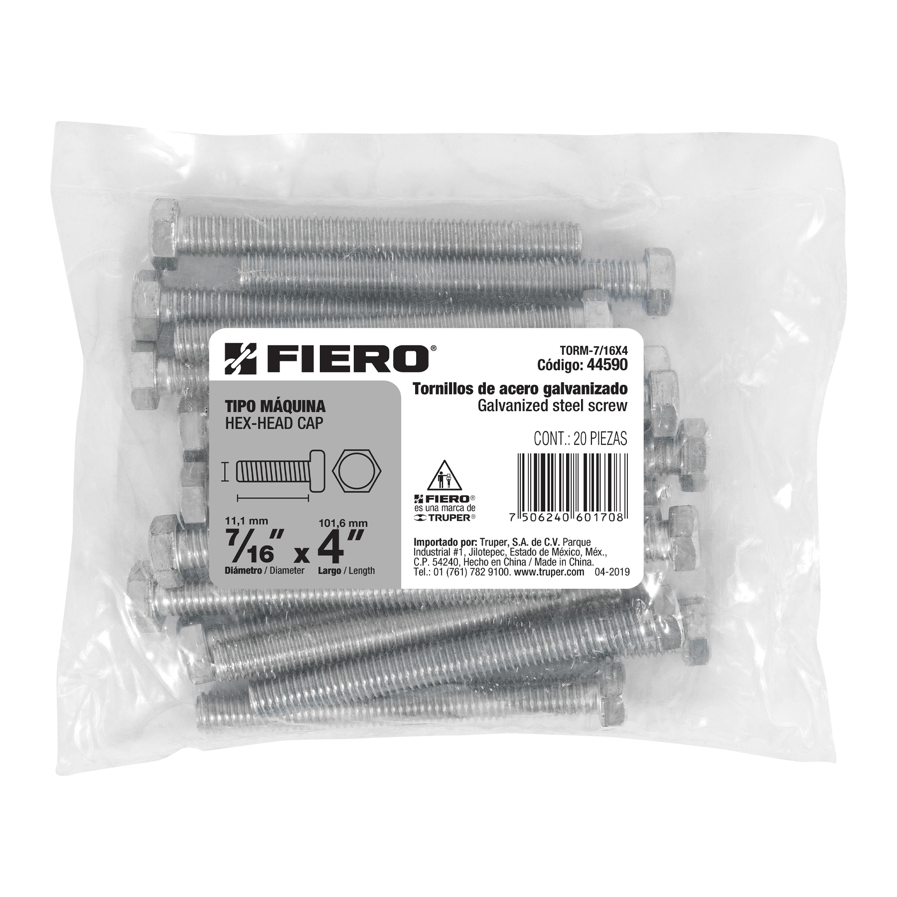 Tornillo acero galvanizado tipo máquina 7/16x4", 20 pzas