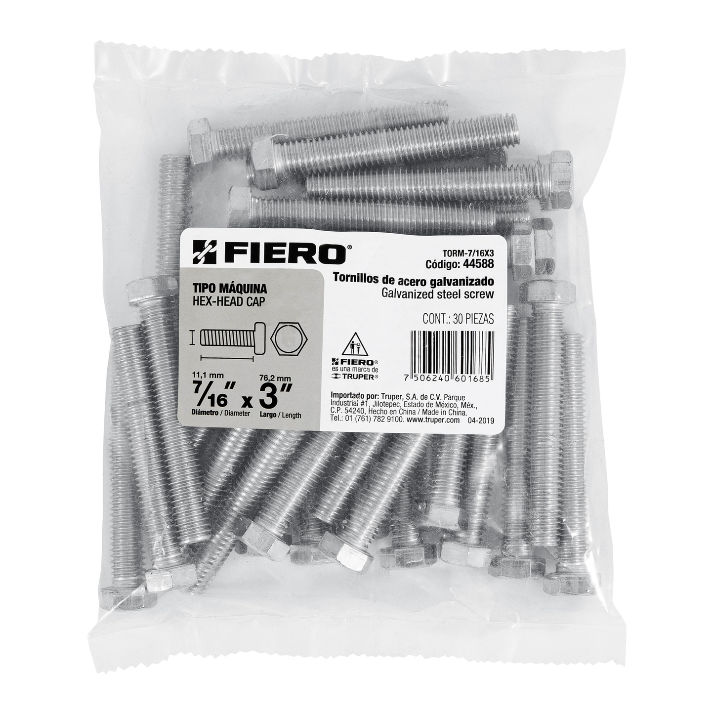 Tornillo acero galvanizado tipo máquina 7/16x3", 30 pzas