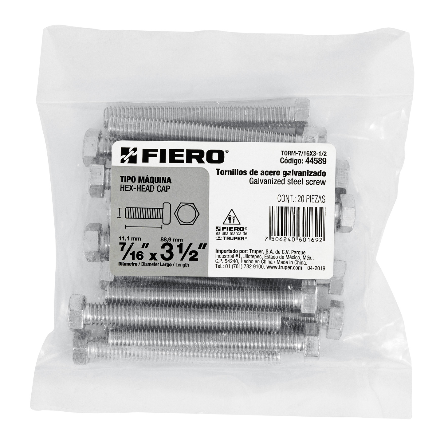 Tornillo acero galvanizado tipo máquina 7/16x3 1/2",20 pzas