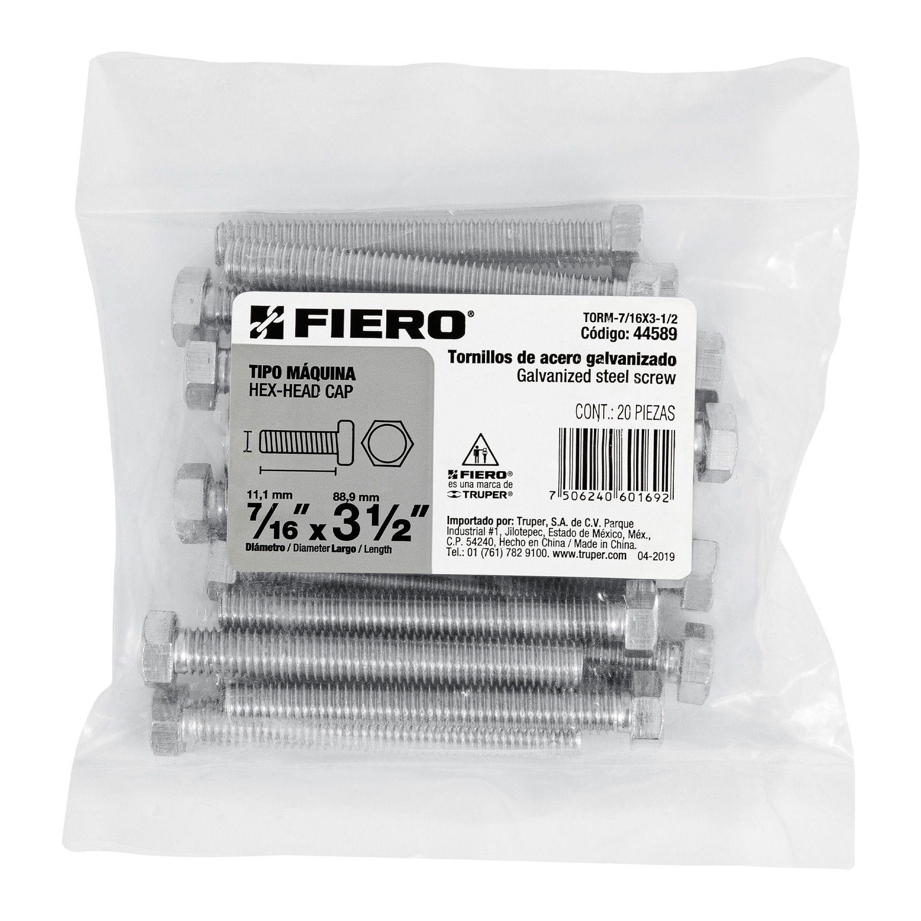 Tornillo acero galvanizado tipo máquina 7/16x3 1/2",20 pzas