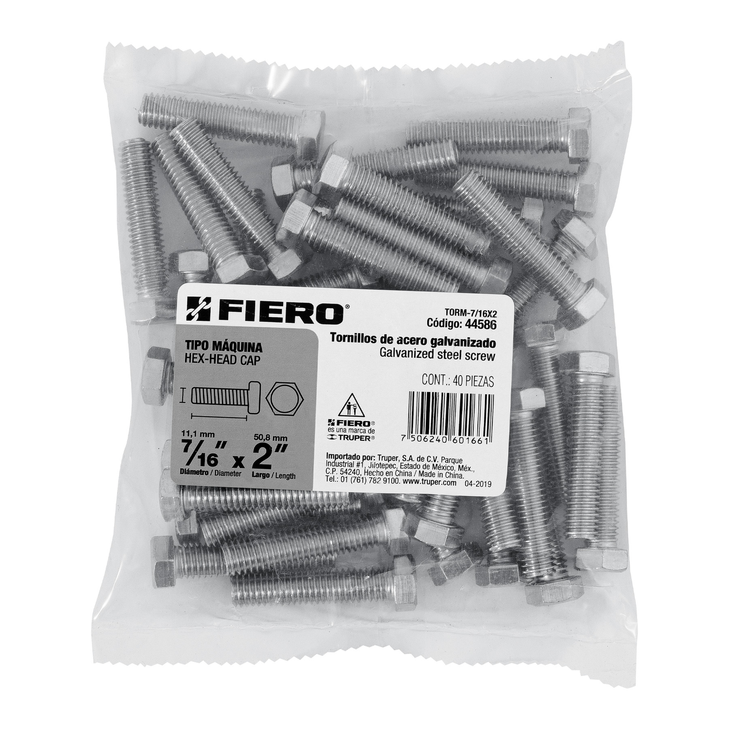 Tornillo acero galvanizado tipo máquina 7/16x2", 40 pzas