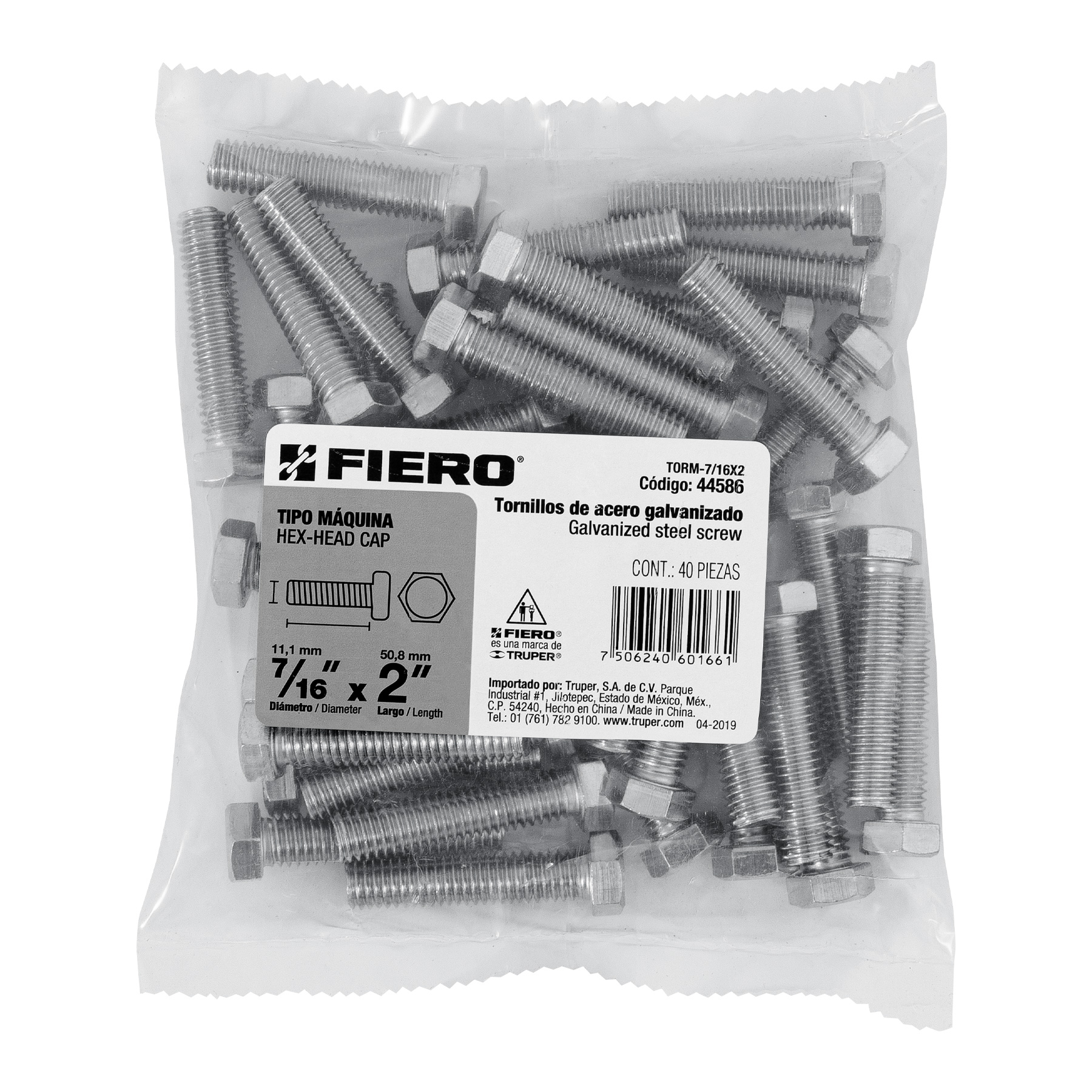 Tornillo acero galvanizado tipo máquina 7/16x2", 40 pzas
