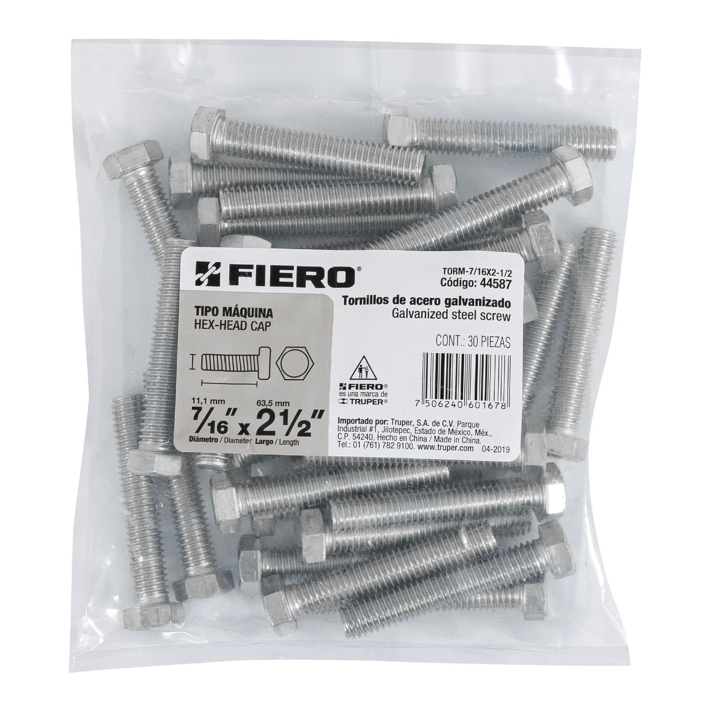 Tornillo acero galvanizado tipo máquina 7/16x2 1/2",30 pzas