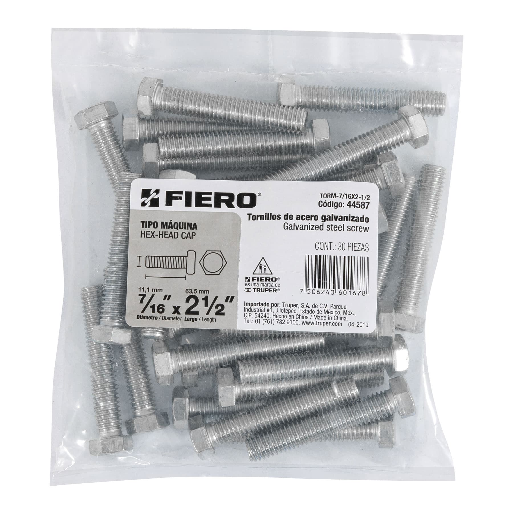 Tornillo acero galvanizado tipo máquina 7/16x2 1/2",30 pzas