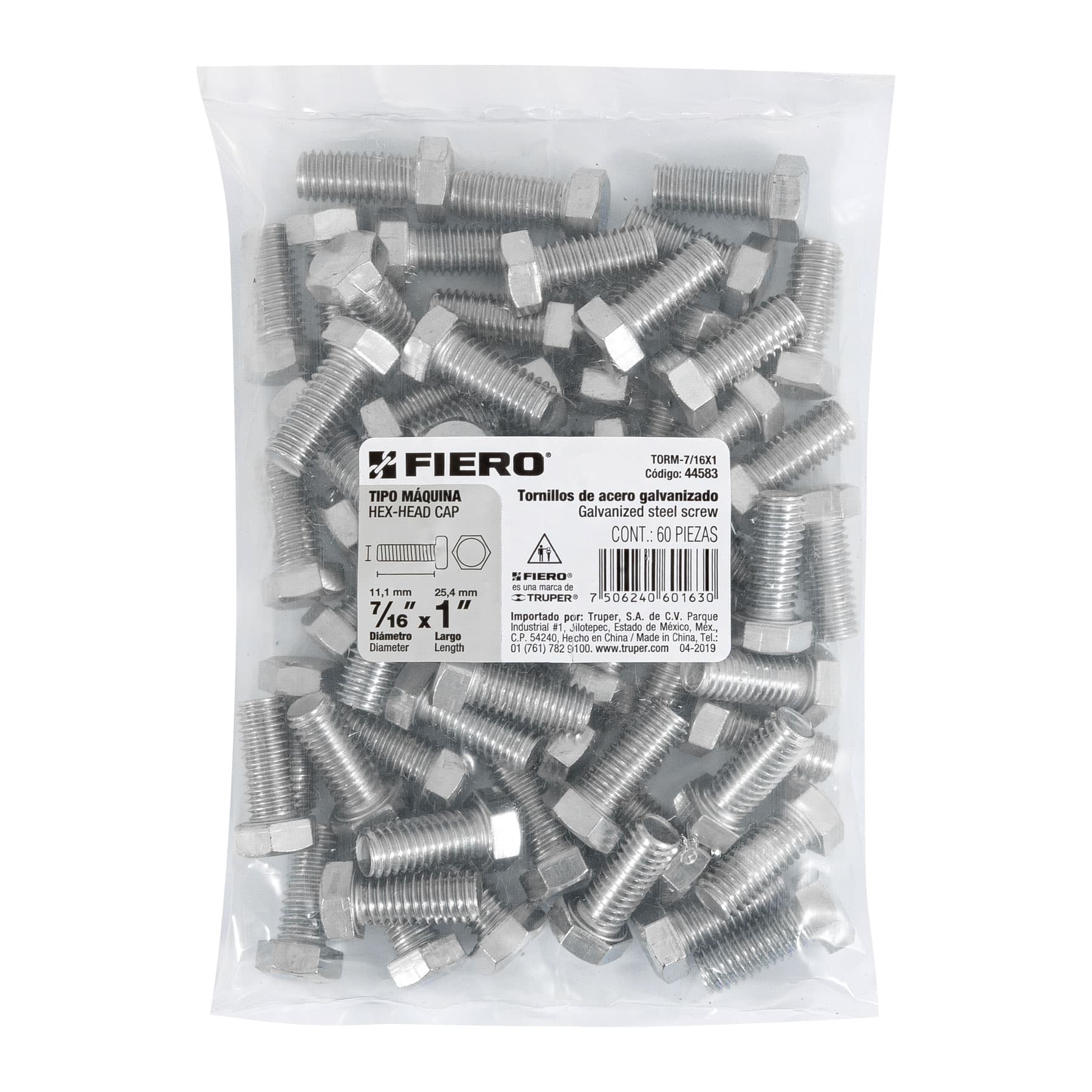 Tornillo acero galvanizado tipo máquina 7/16x1", 60 pzas