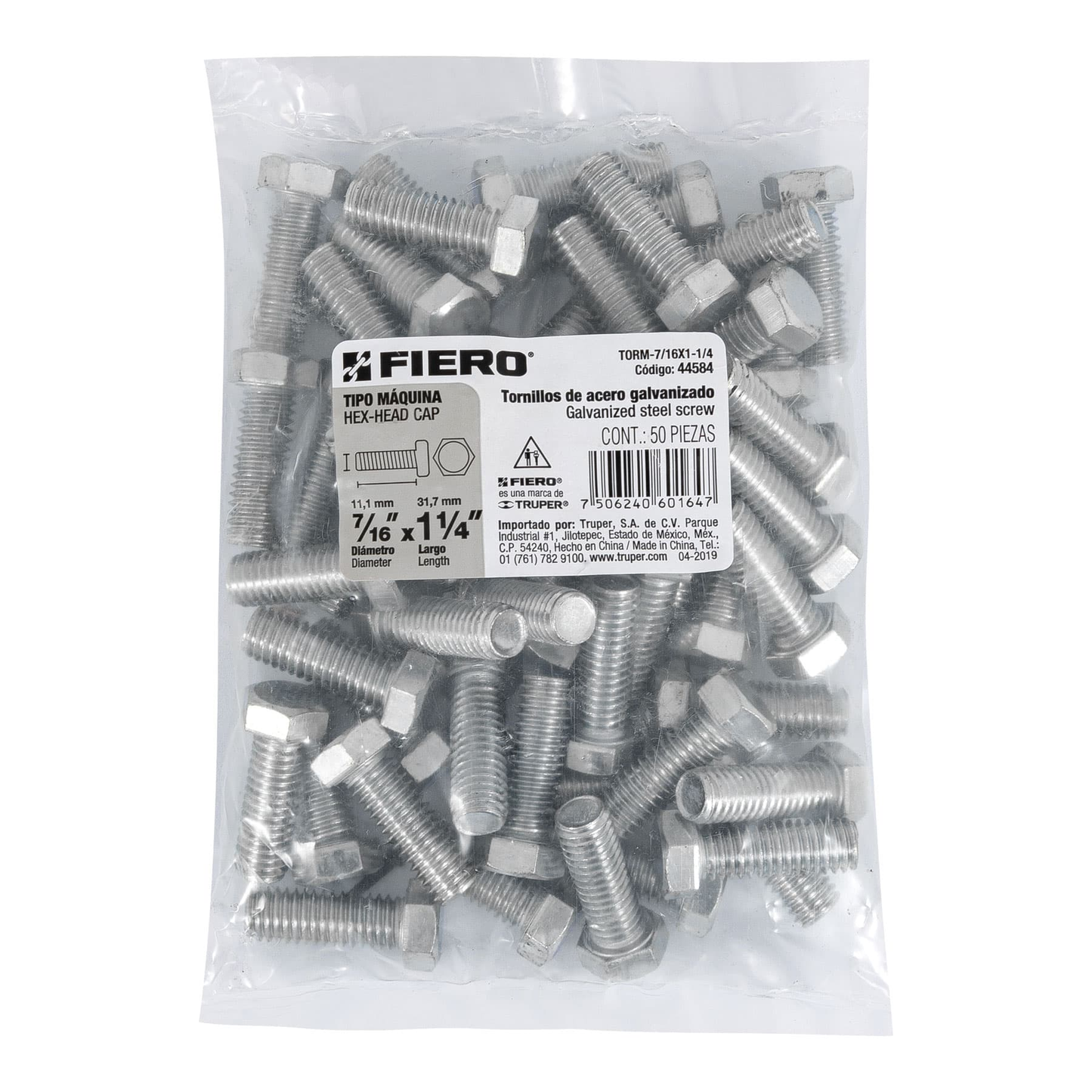 Tornillo acero galvanizado tipo máquina 7/16x1 1/4",50 pzas