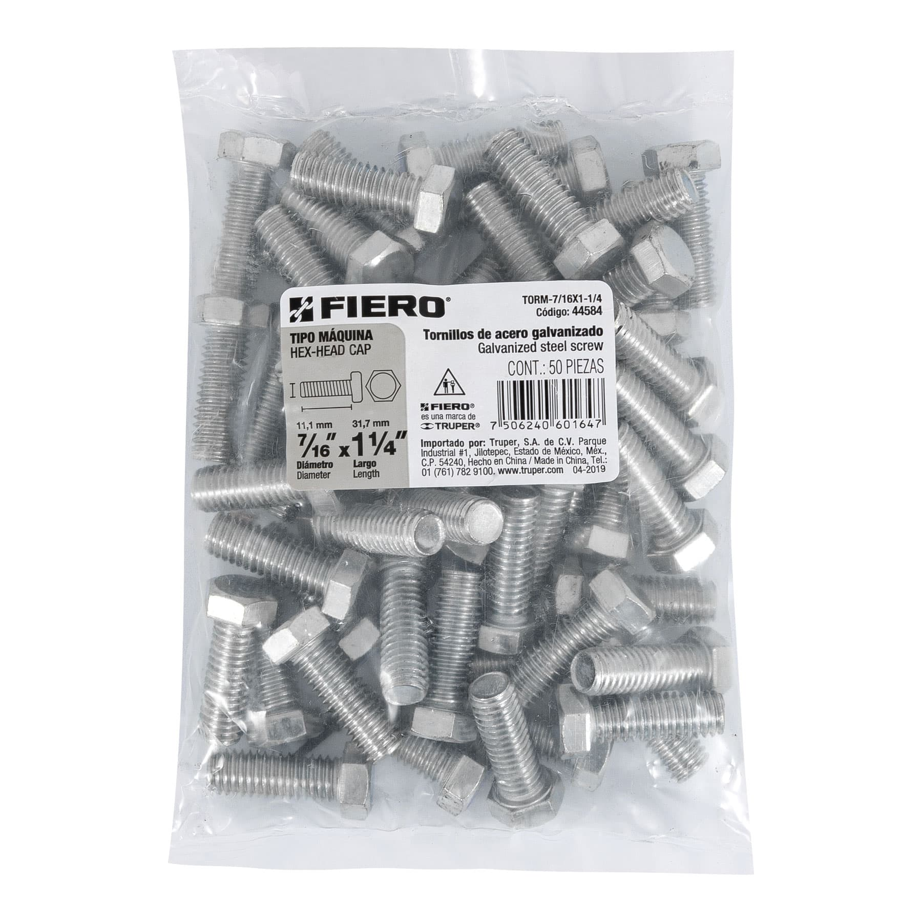 Tornillo acero galvanizado tipo máquina 7/16x1 1/4",50 pzas