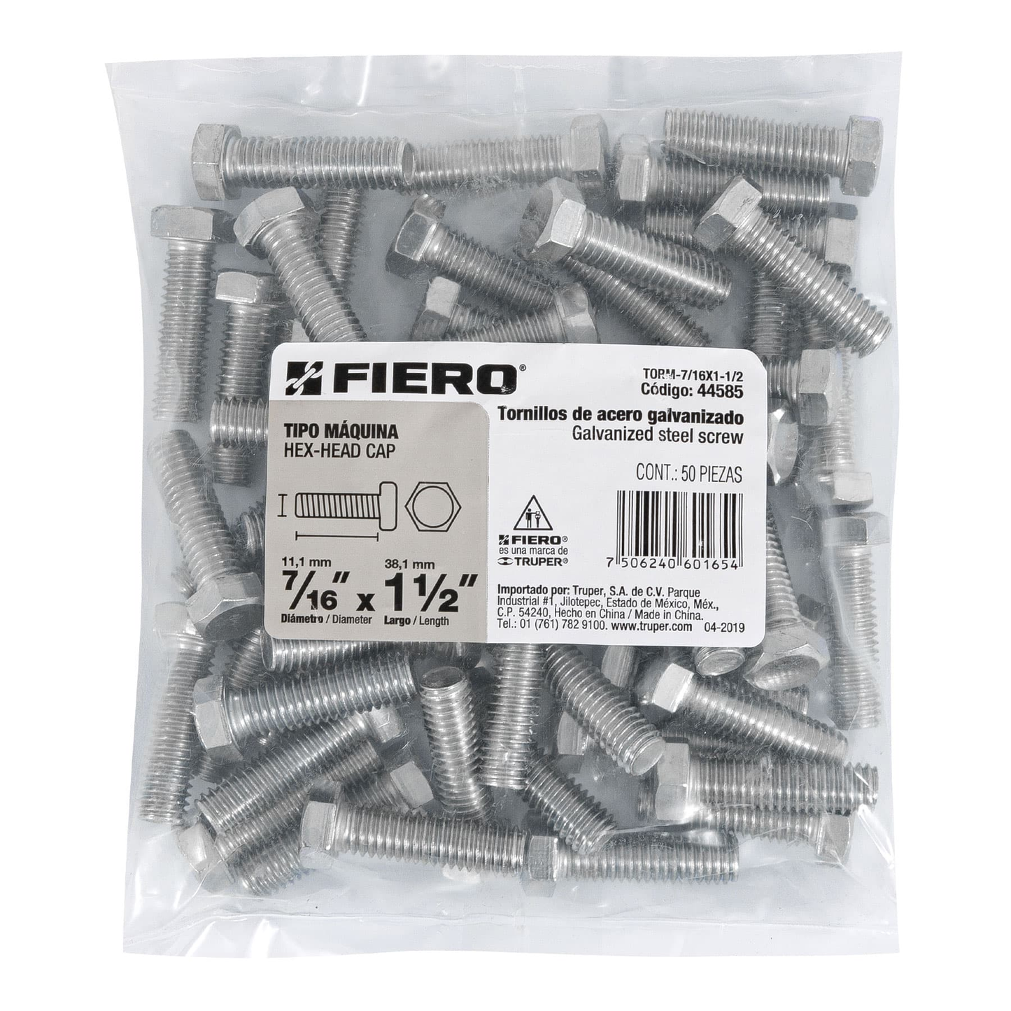 Tornillo acero galvanizado tipo máquina 7/16x1 1/2",50 pzas