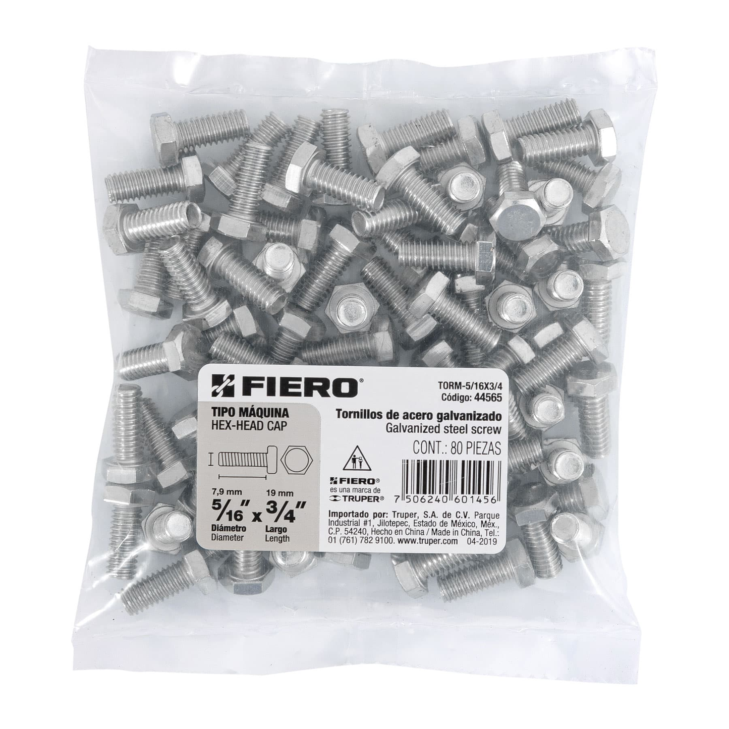 Tornillo acero galvanizado tipo máquina 5/16x3/4", 80 pzas