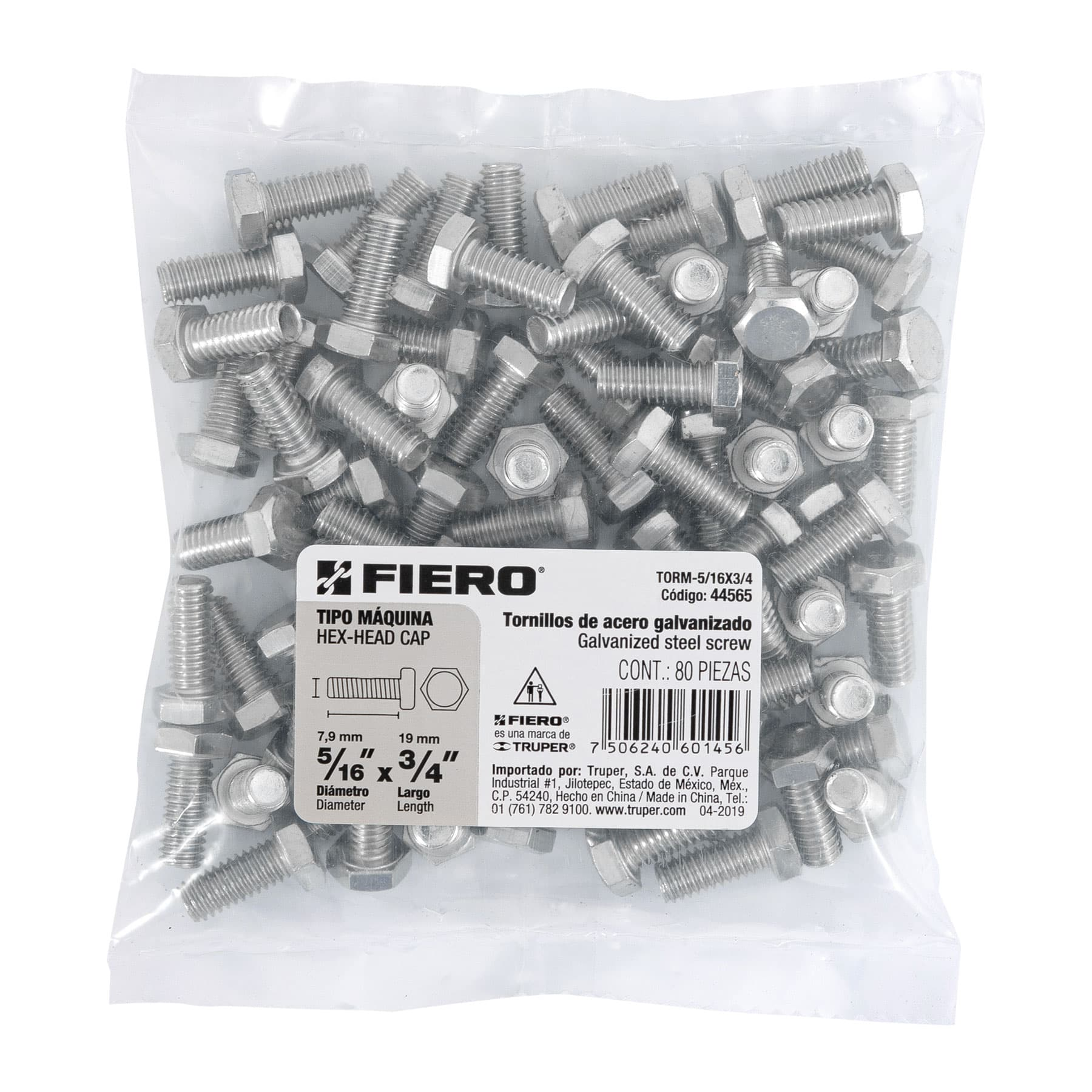 Tornillo acero galvanizado tipo máquina 5/16x3/4", 80 pzas