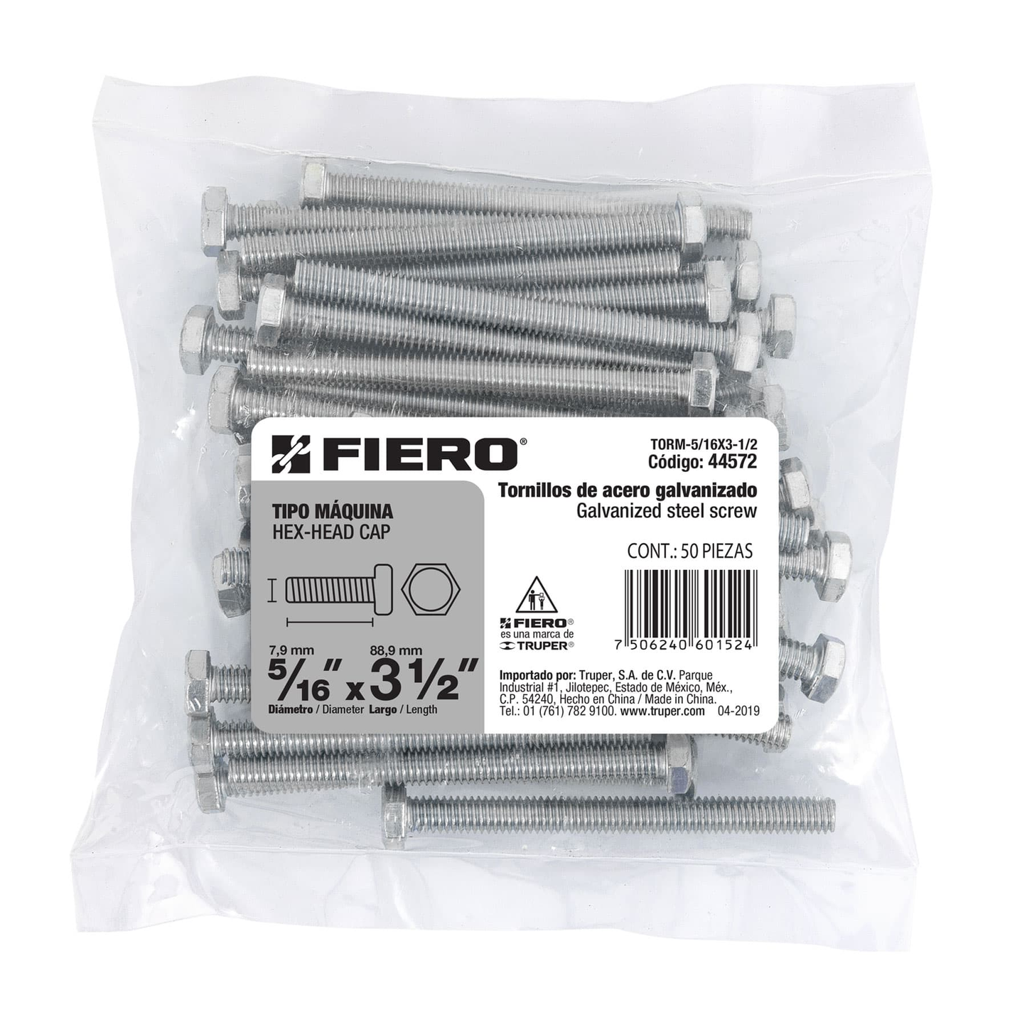 Tornillo acero galvanizado tipo máquina 5/16x3 1/2",50 pzas