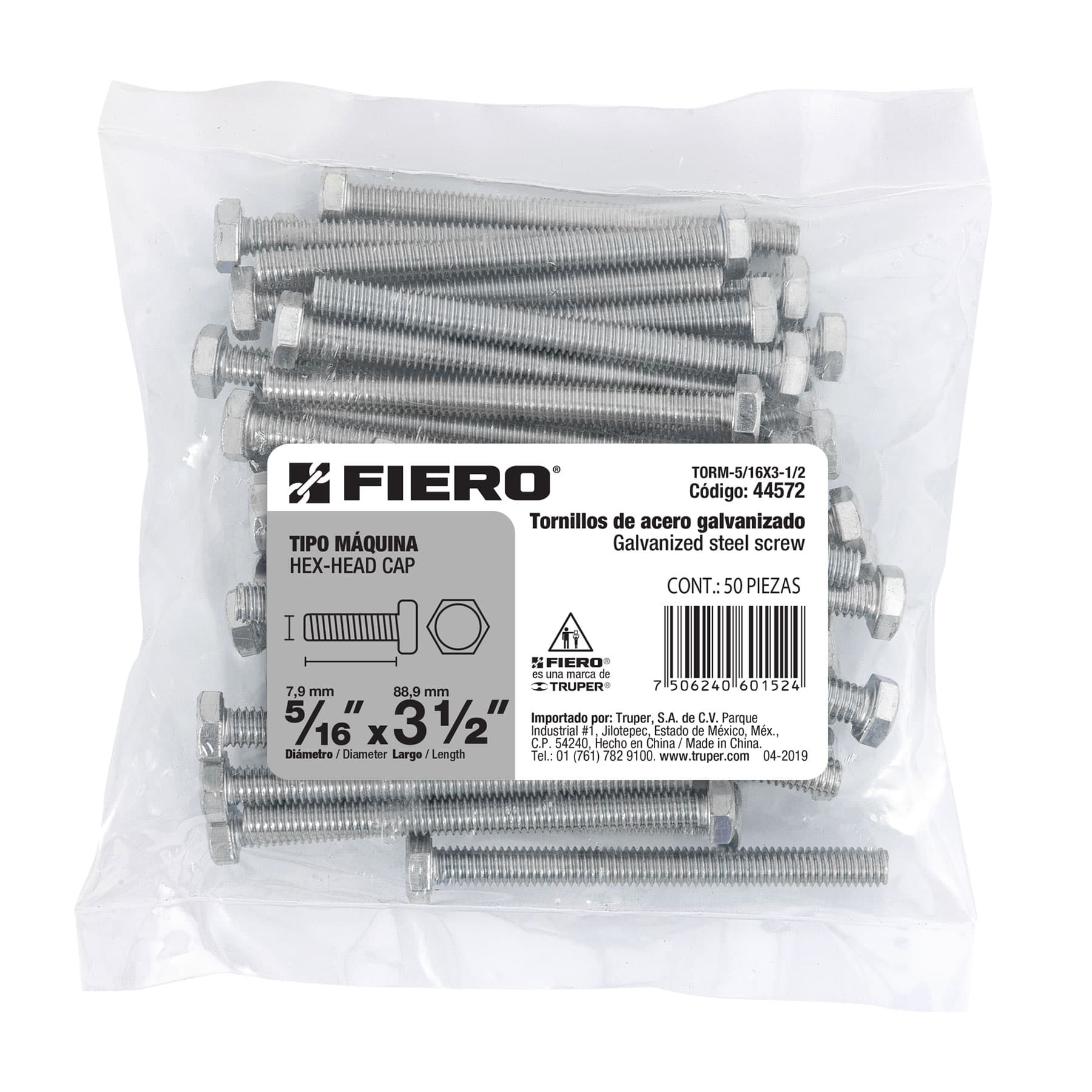 Tornillo acero galvanizado tipo máquina 5/16x3 1/2",50 pzas