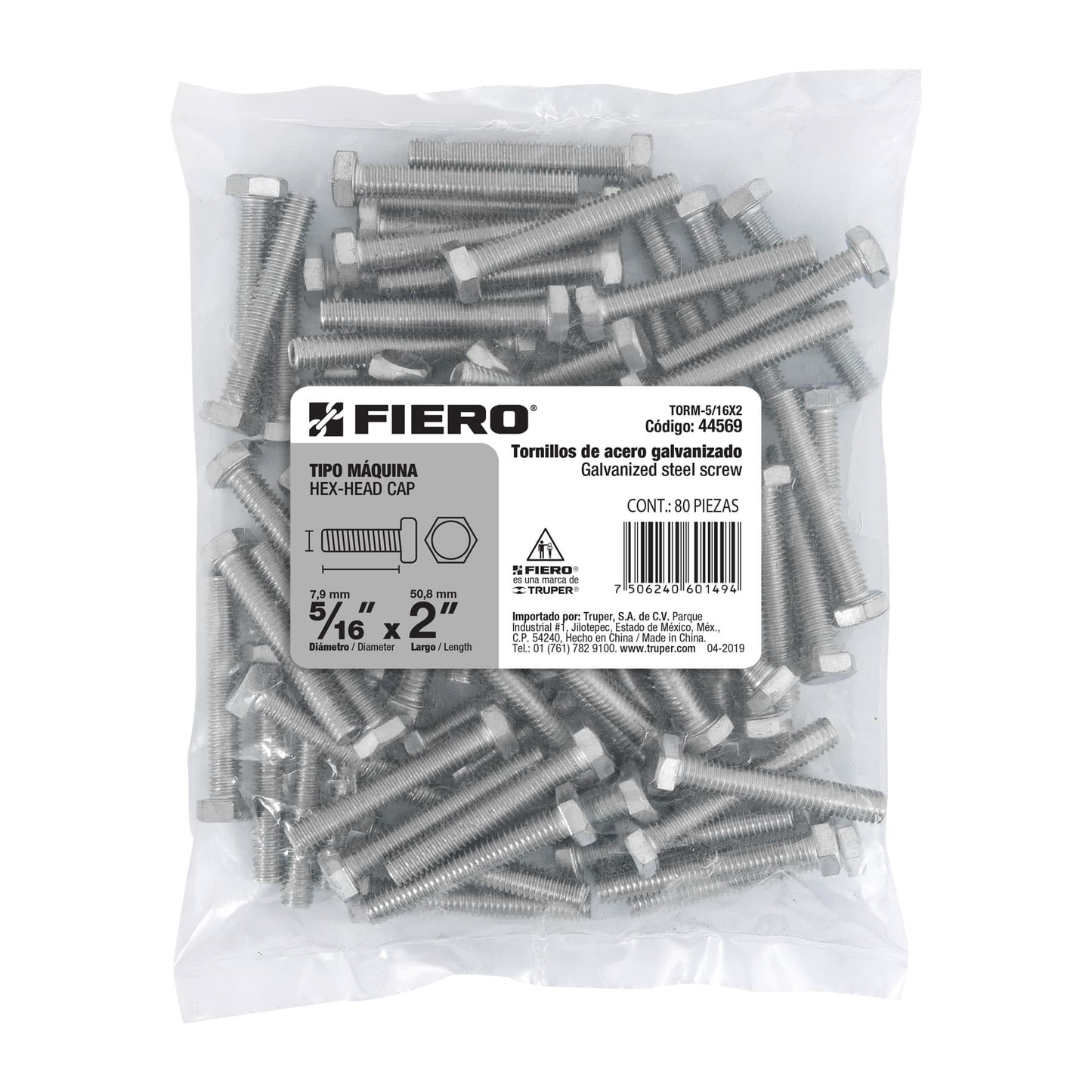 Tornillo acero galvanizado tipo máquina 5/16x2", 80 pzas