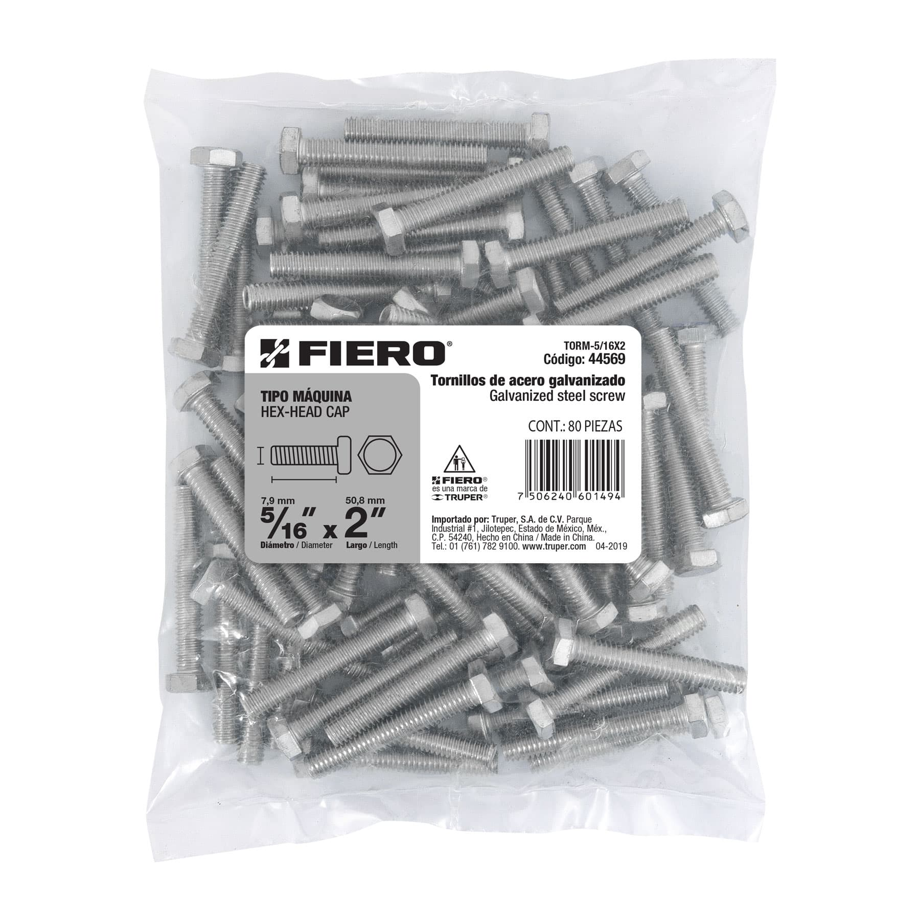 Tornillo acero galvanizado tipo máquina 5/16x2", 80 pzas
