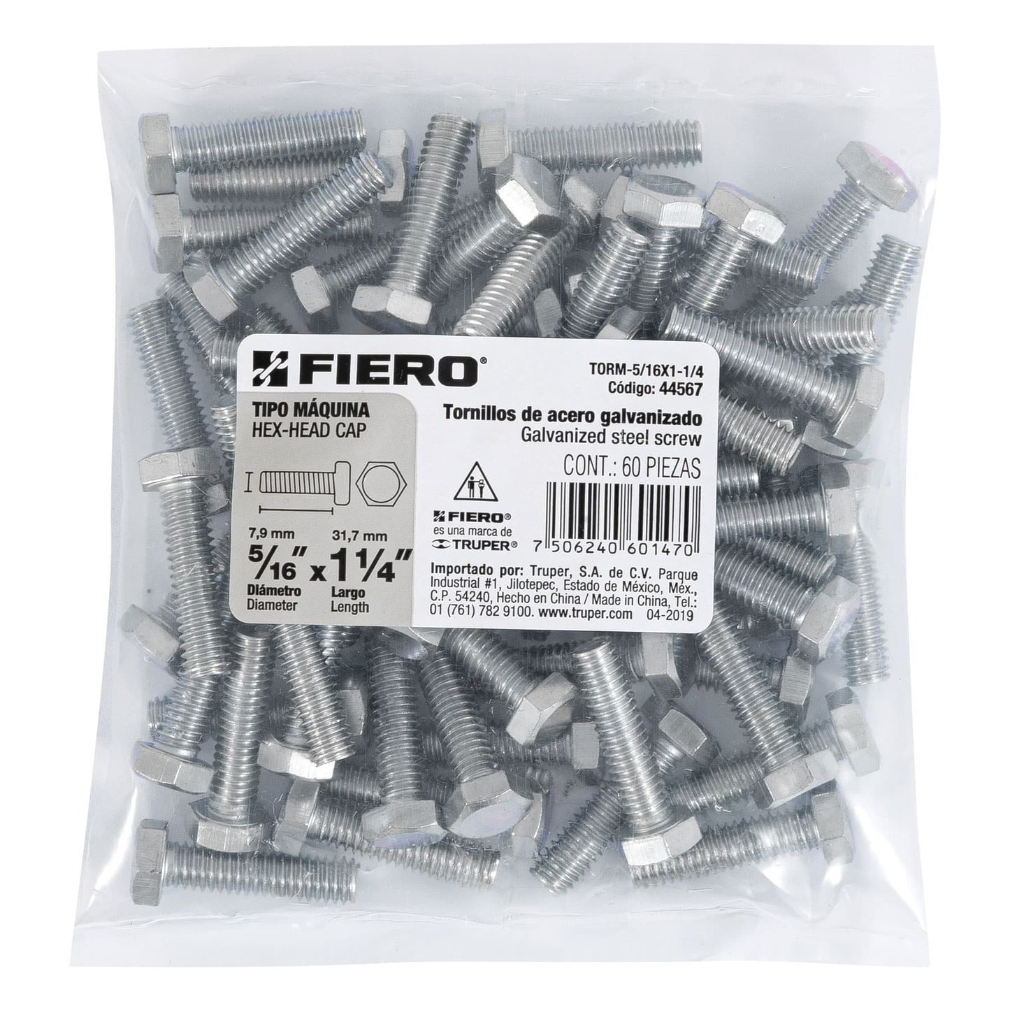 Tornillo acero galvanizado tipo máquina 5/16x1 1/4",60 pzas