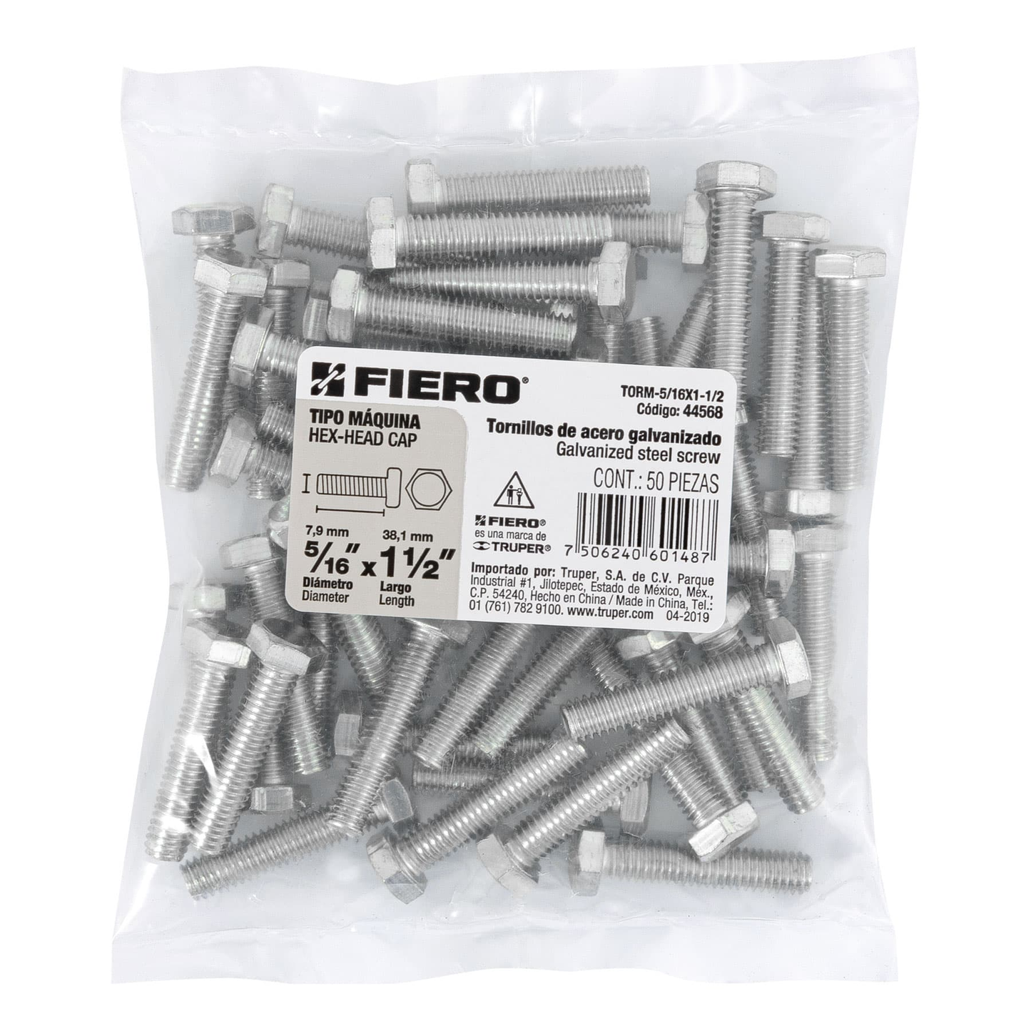 Tornillo acero galvanizado tipo máquina 5/16x1 1/2",50 pzas