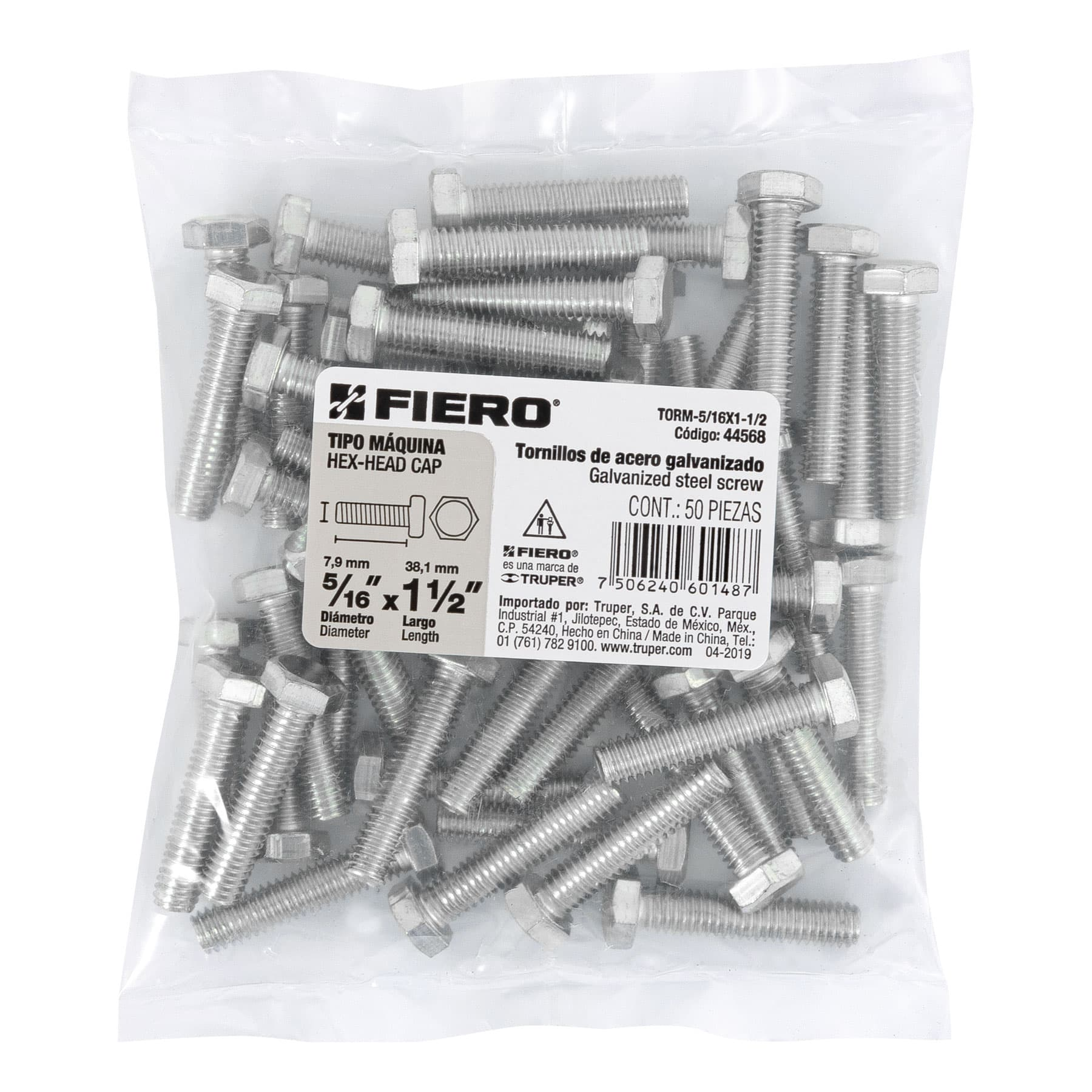 Tornillo acero galvanizado tipo máquina 5/16x1 1/2",50 pzas