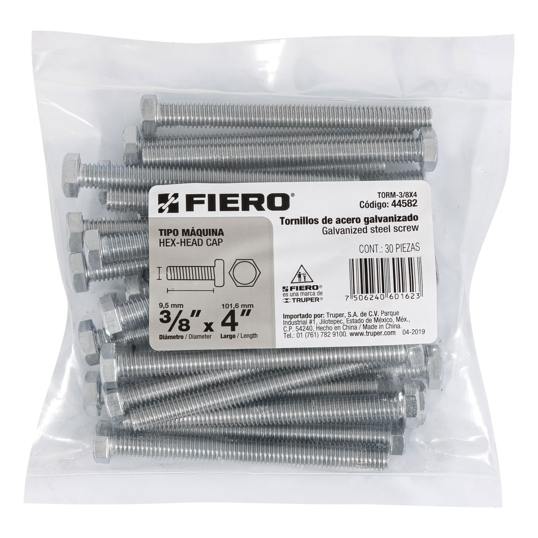 Tornillo acero galvanizado tipo máquina 3/8x4", 30 pzas
