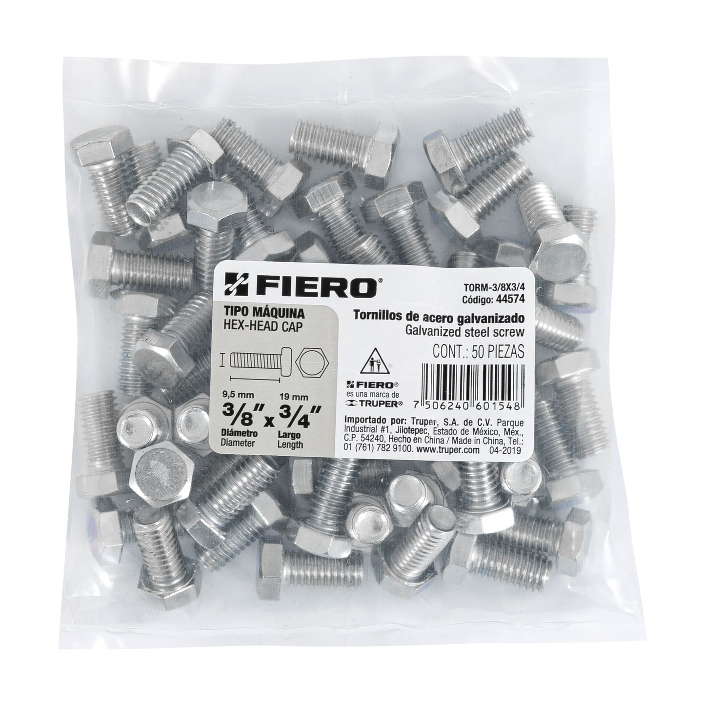 Tornillo acero galvanizado tipo máquina 3/8x3/4", 50 pzas