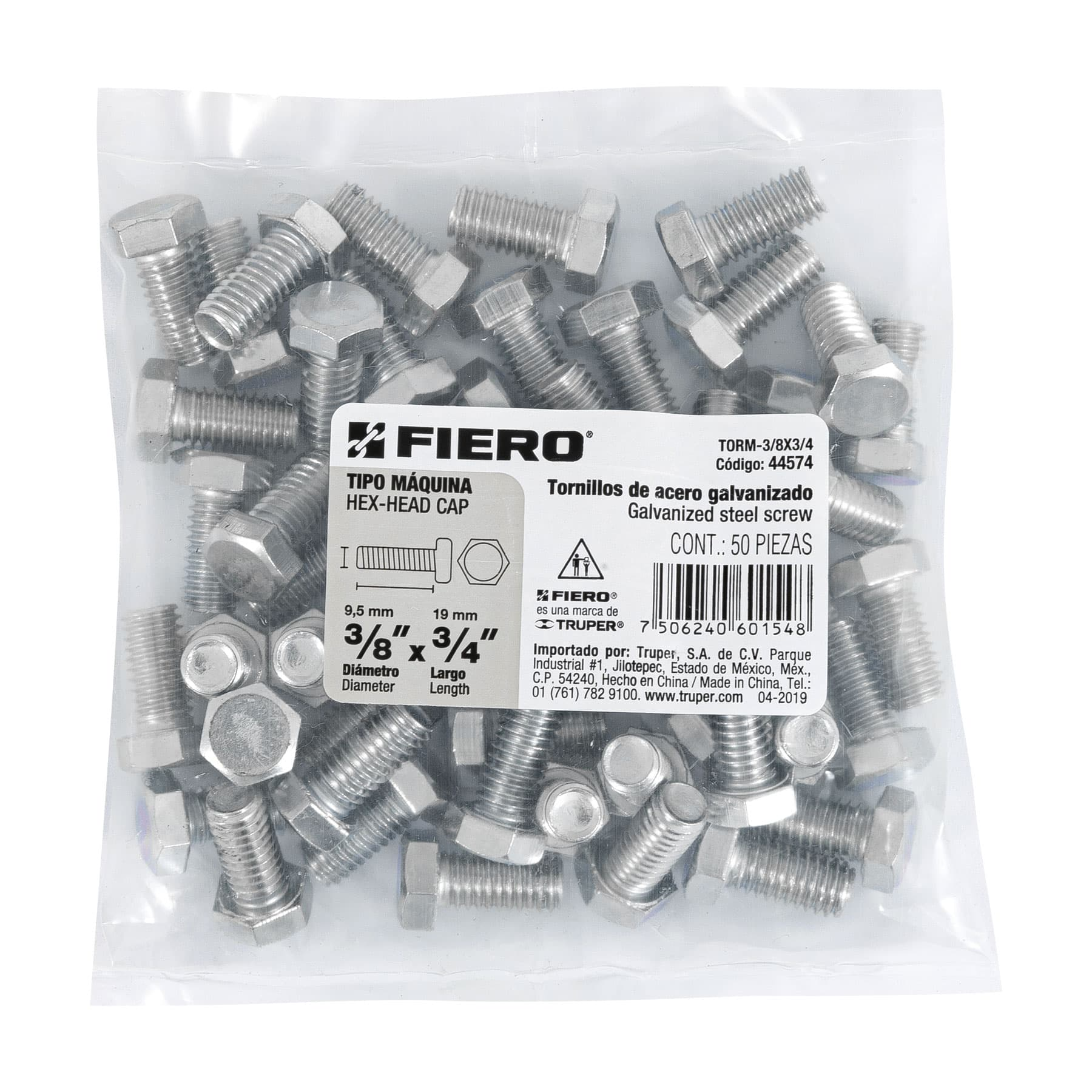 Tornillo acero galvanizado tipo máquina 3/8x3/4", 50 pzas